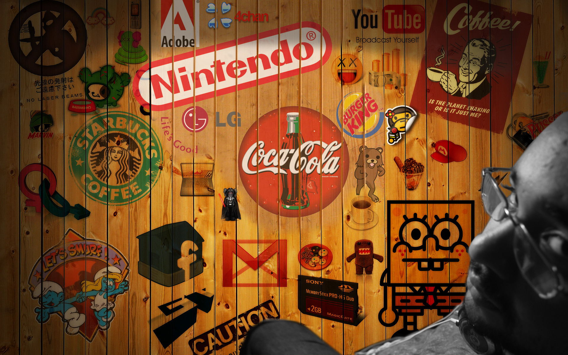 Coca-Cola, Nintendo, SpongeBob, Adesivi di marchi, Legno, 1920x1200, sfondo per PC