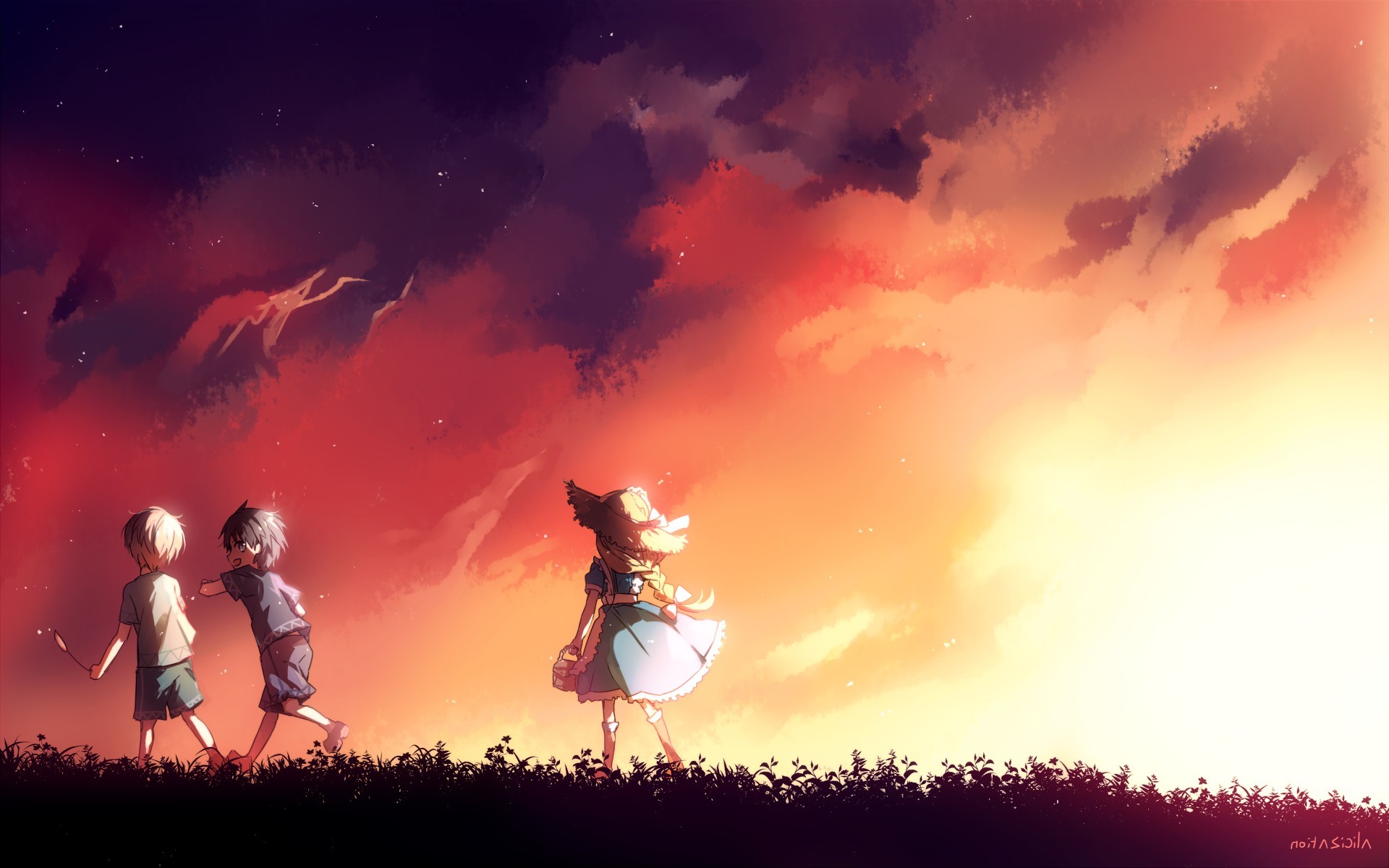 Sword Art Online, Bambini, Tramonto, Cielo rosso, 16:10 Full HD, sfondo widescreen