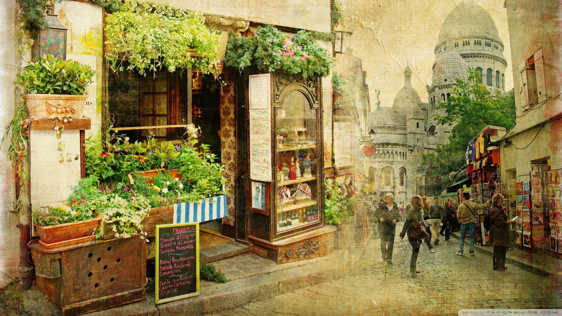 Montmartre, Basilica del Sacro Cuore, Parigi, Negozio di fiori, Effetto vintage, sfondo desktop