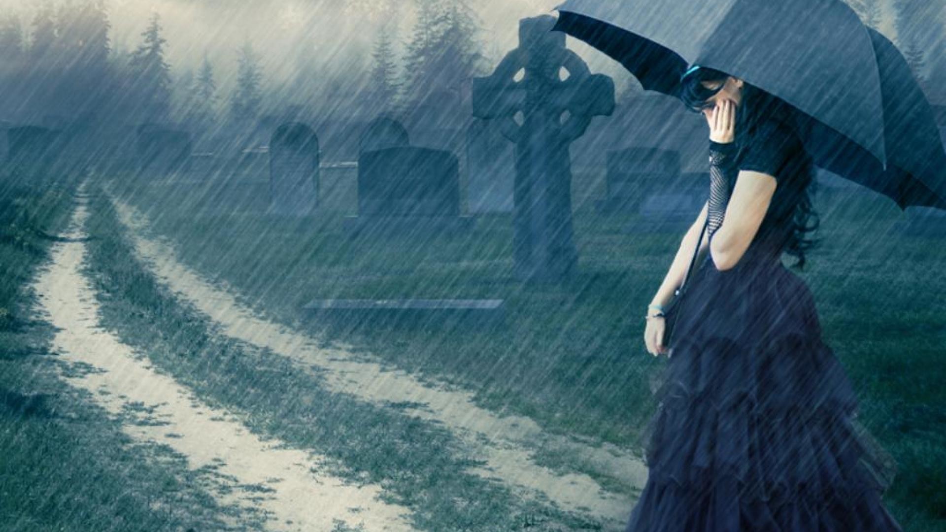 Pioggia, Cimitero, Ombrello, Croce celtica, Gotico, 16:9 Full HD, sfondo widescreen