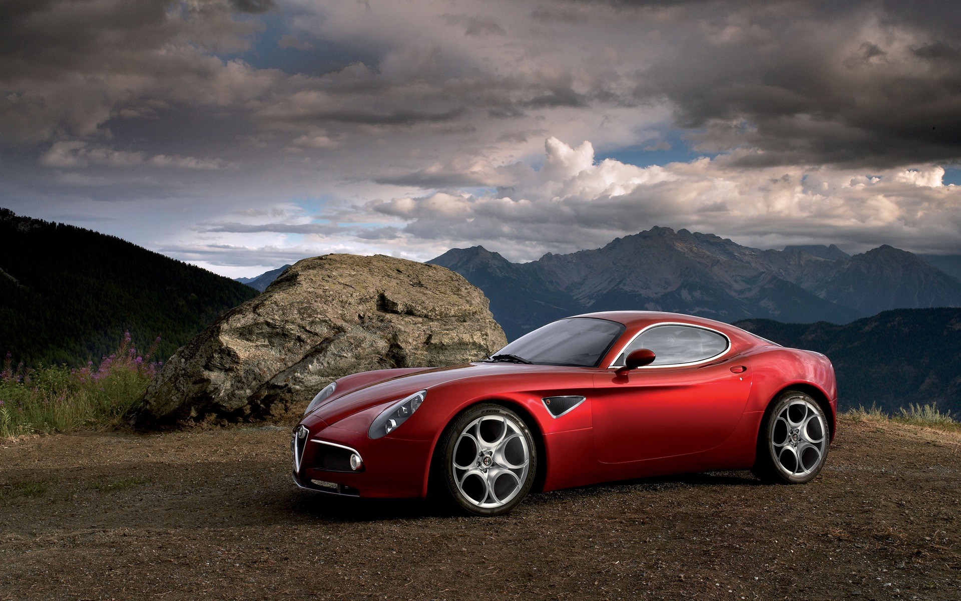 Alfa Romeo 8C Competizione, Alfa Romeo, Montagne, Rosso, Full HD, sfondo Windows 11