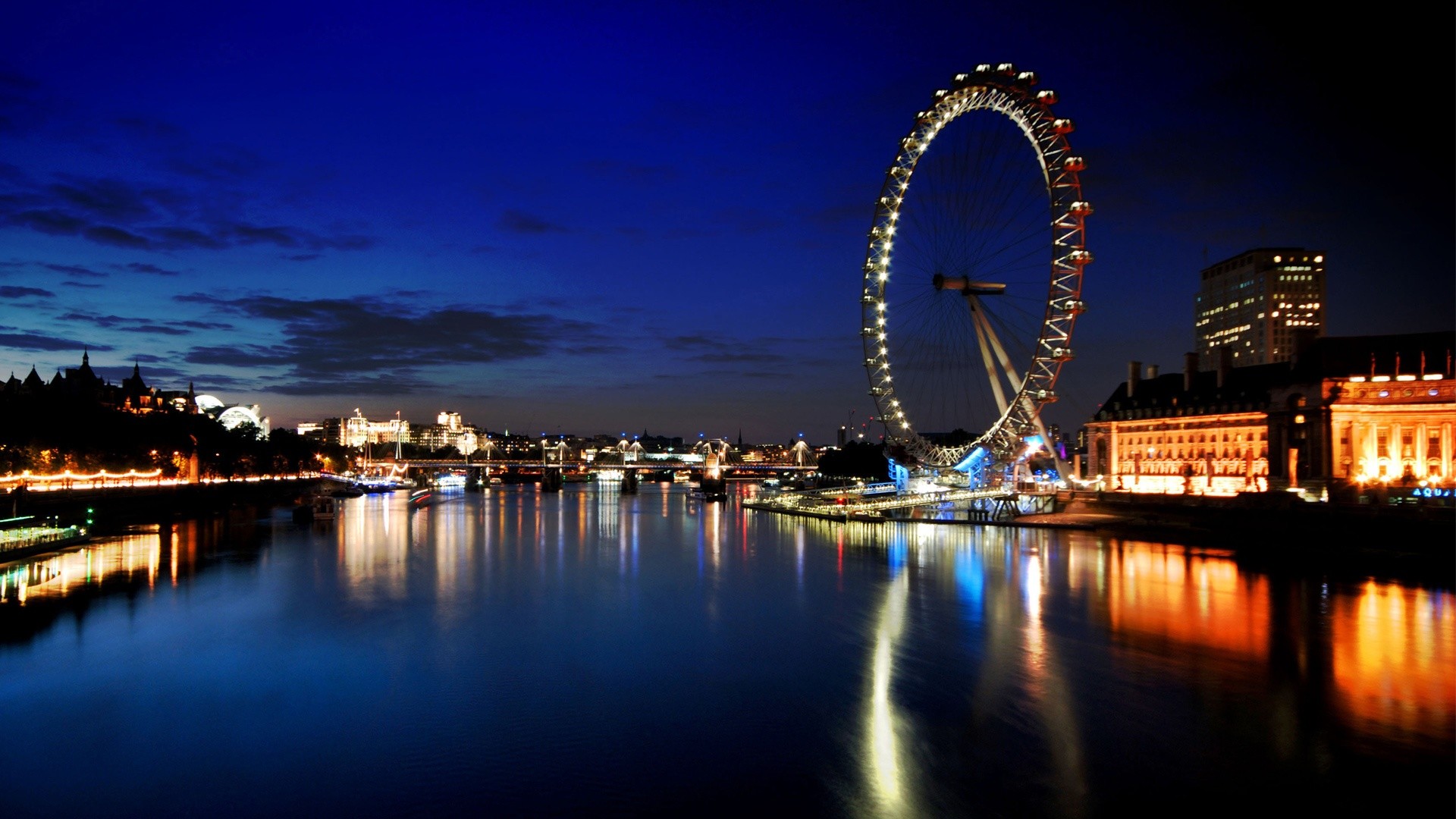 London Eye, Tamigi, Londra, Notte, Riflessi, Full HD, sfondo Windows 11