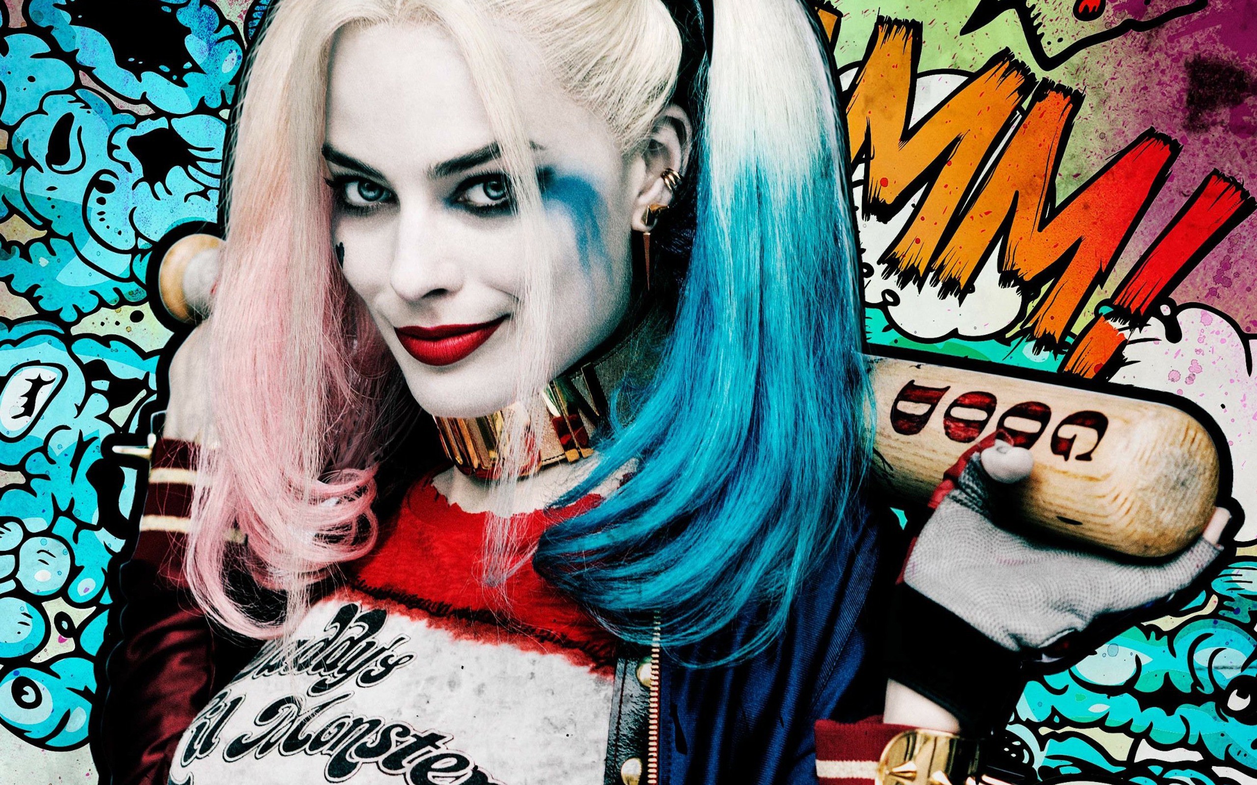 Harley Quinn, Margot Robbie, Suicide Squad, Pop art, Mazza da baseball, sfondo widescreen 2K