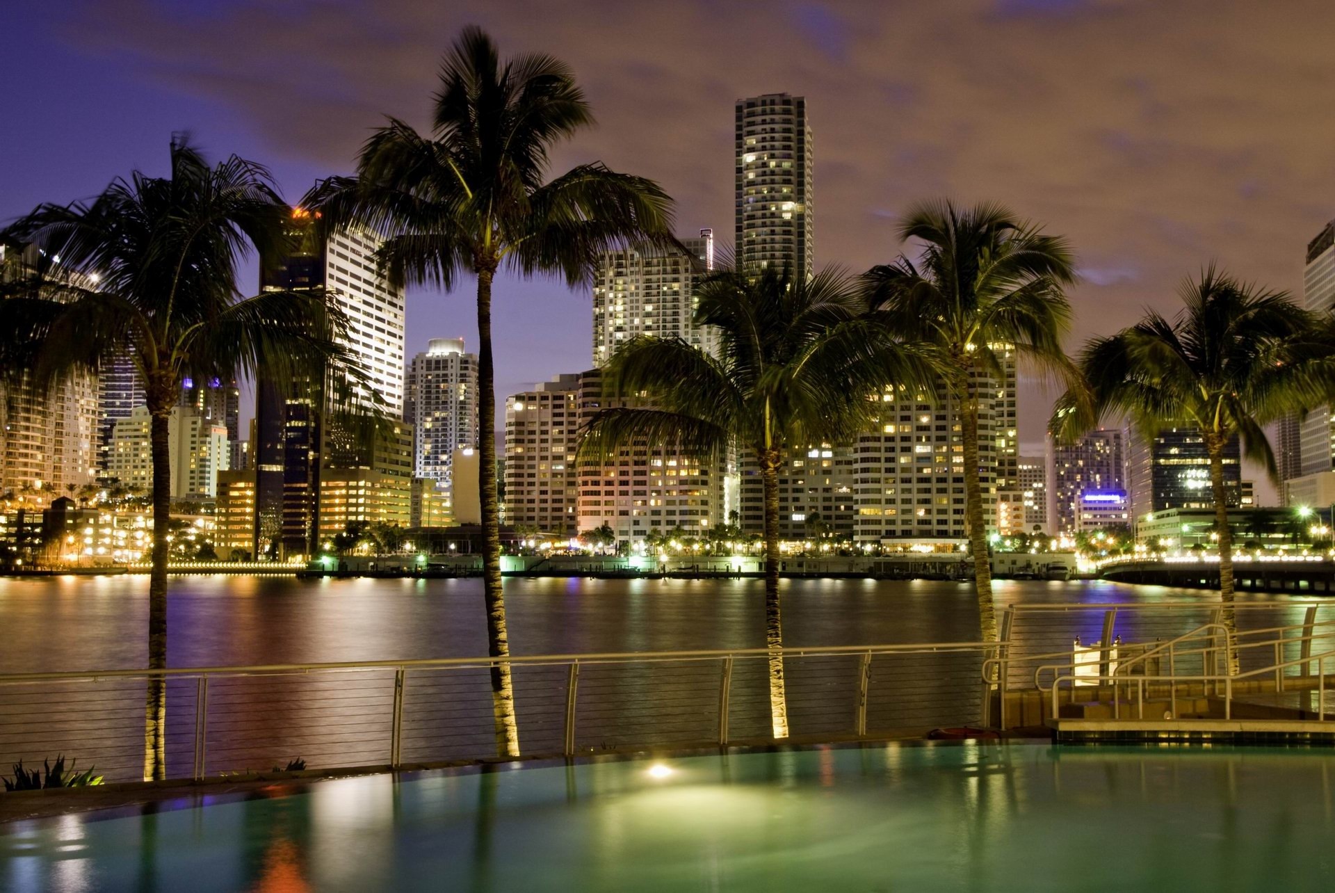 Brickell Key, Miami, Palme, Notte, Full HD, sfondo per portatile