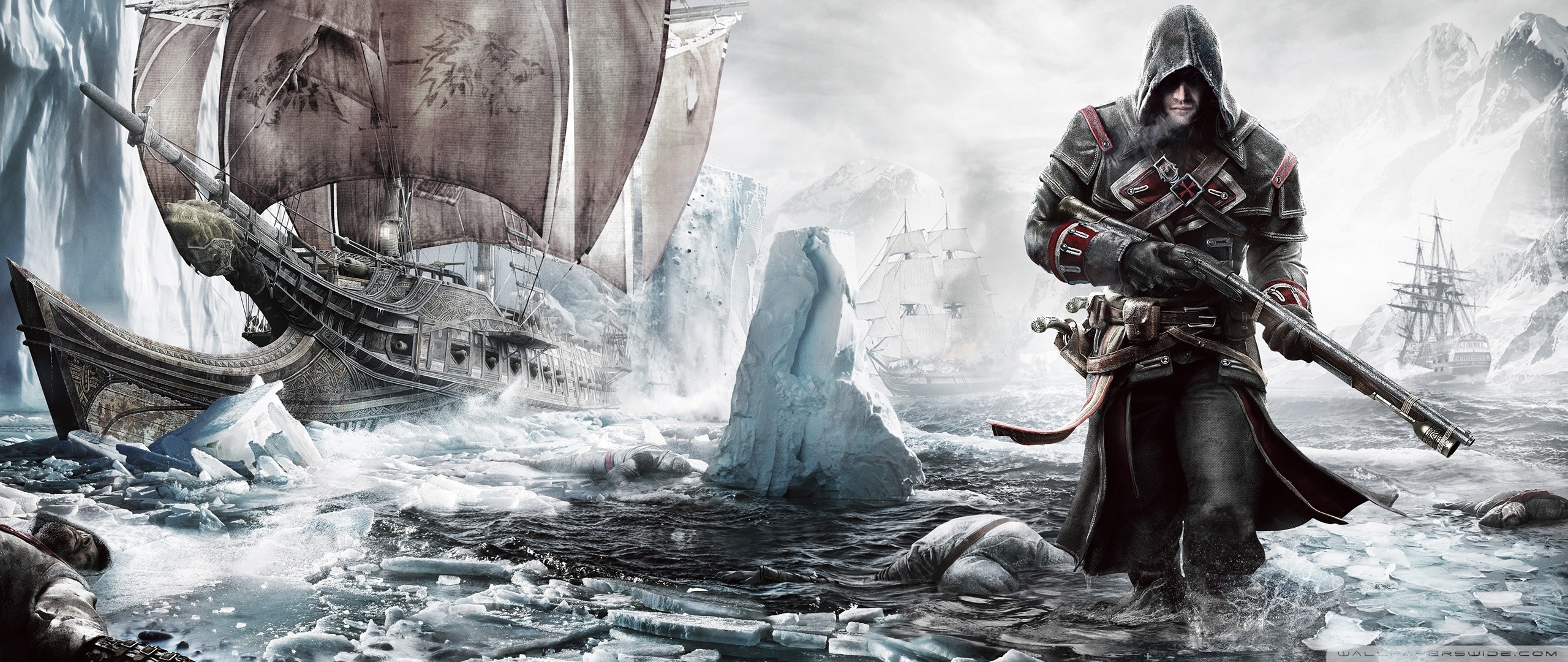 Shay Cormac, Assassin's Creed Rogue, Ghiaccio, Nave, Artico, 21:9 Full HD, sfondo widescreen