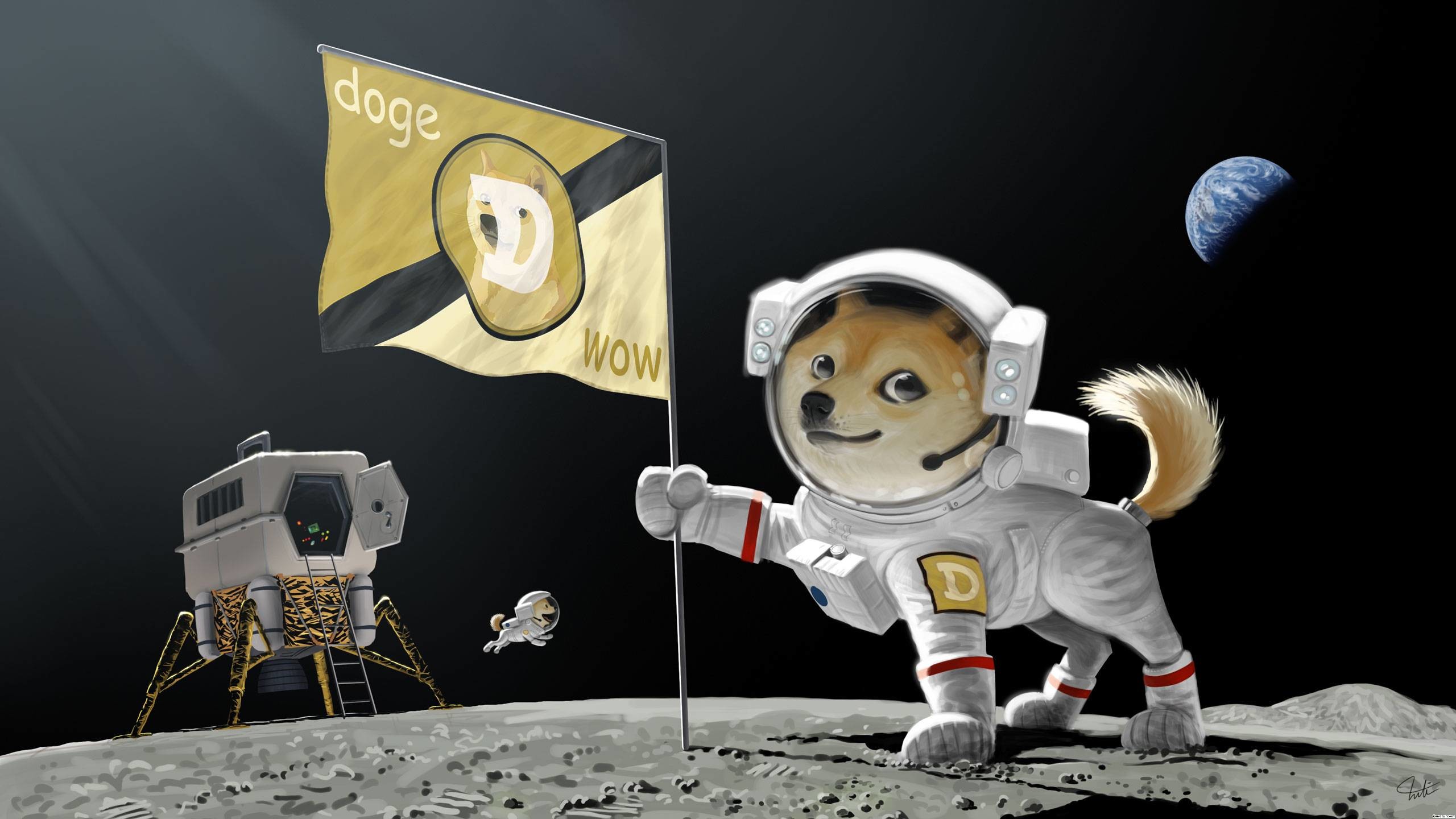Doge, Astronauta, Dogecoin, Sbarco sulla Luna, Bandiera, 16:9 2K, sfondo widescreen