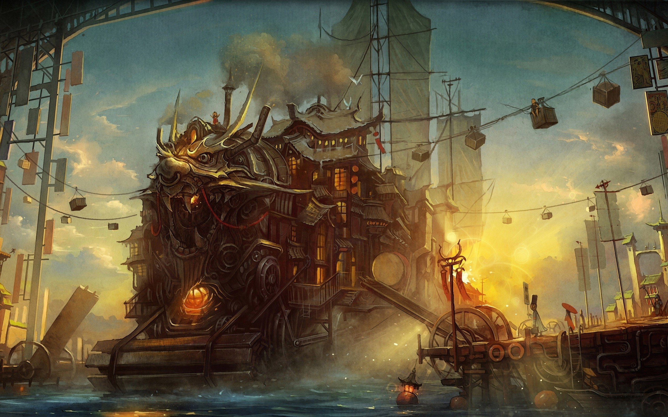 Città galleggiante, Steampunk, Tramonto, Fantasy, 2560x1600, sfondo MacBook Pro