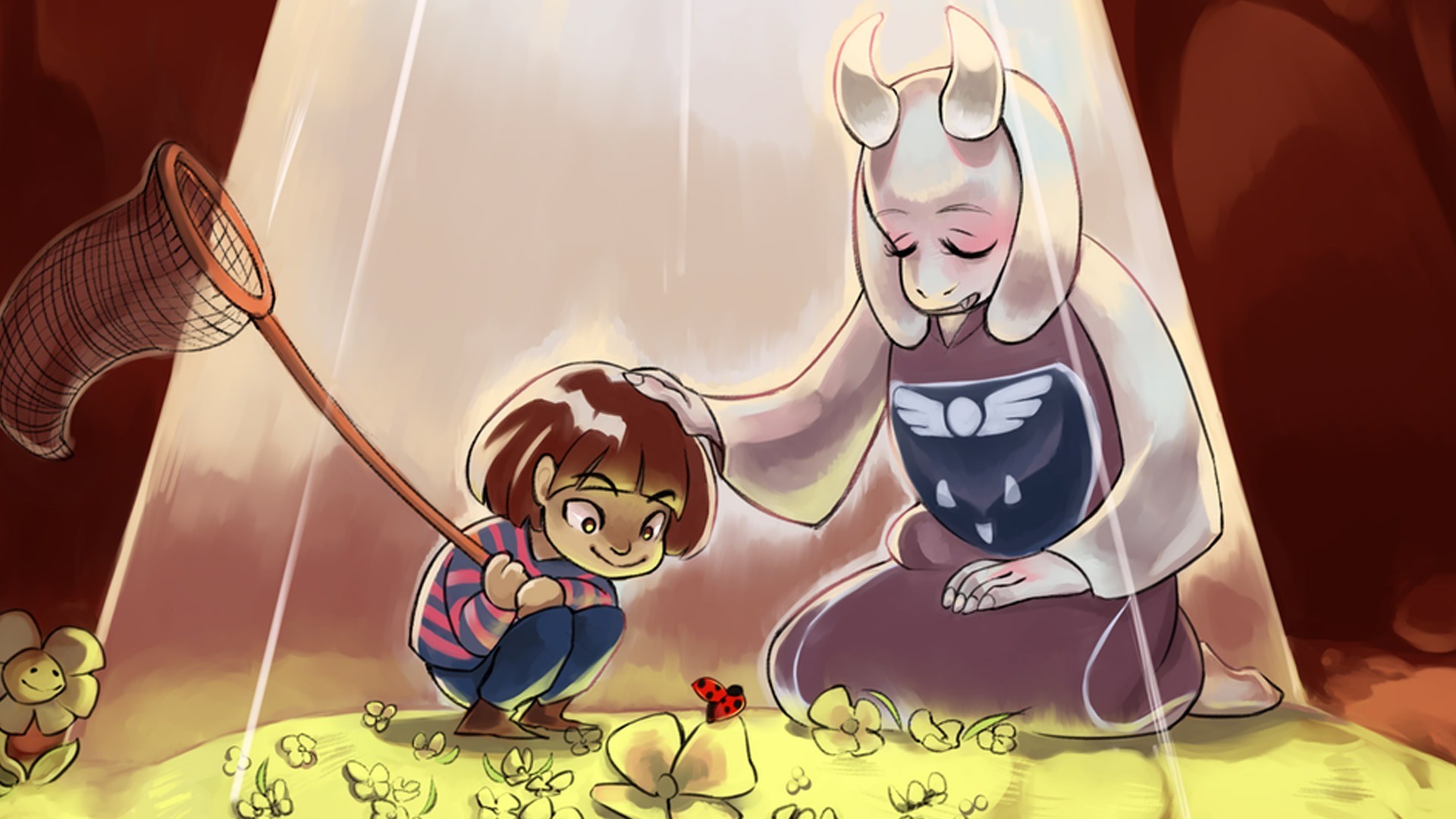 Frisk, Toriel, Undertale, Fiori dorati, Fan art, Full HD, sfondo per PC