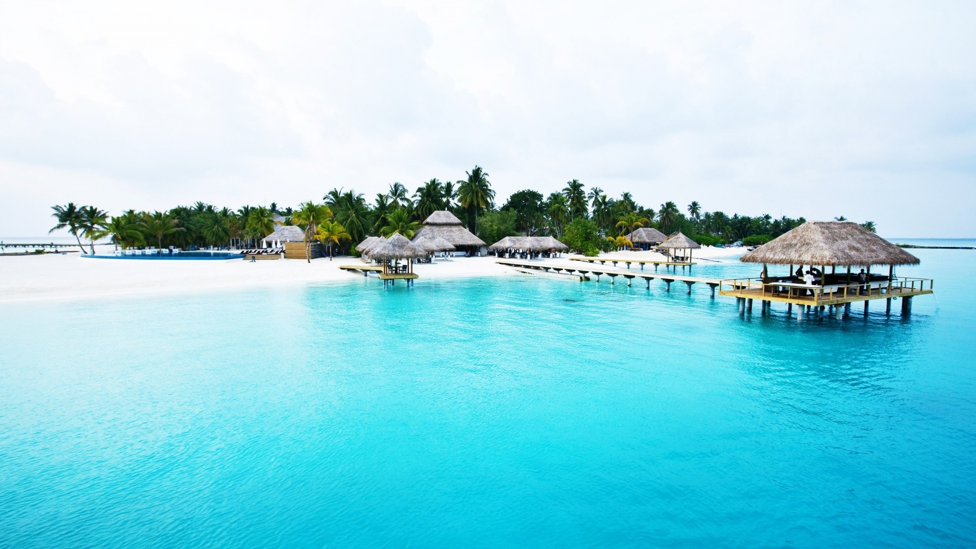 Maldive, Resort, Bungalow sull'acqua, Acqua turchese, 16:9 Full HD, sfondo widescreen