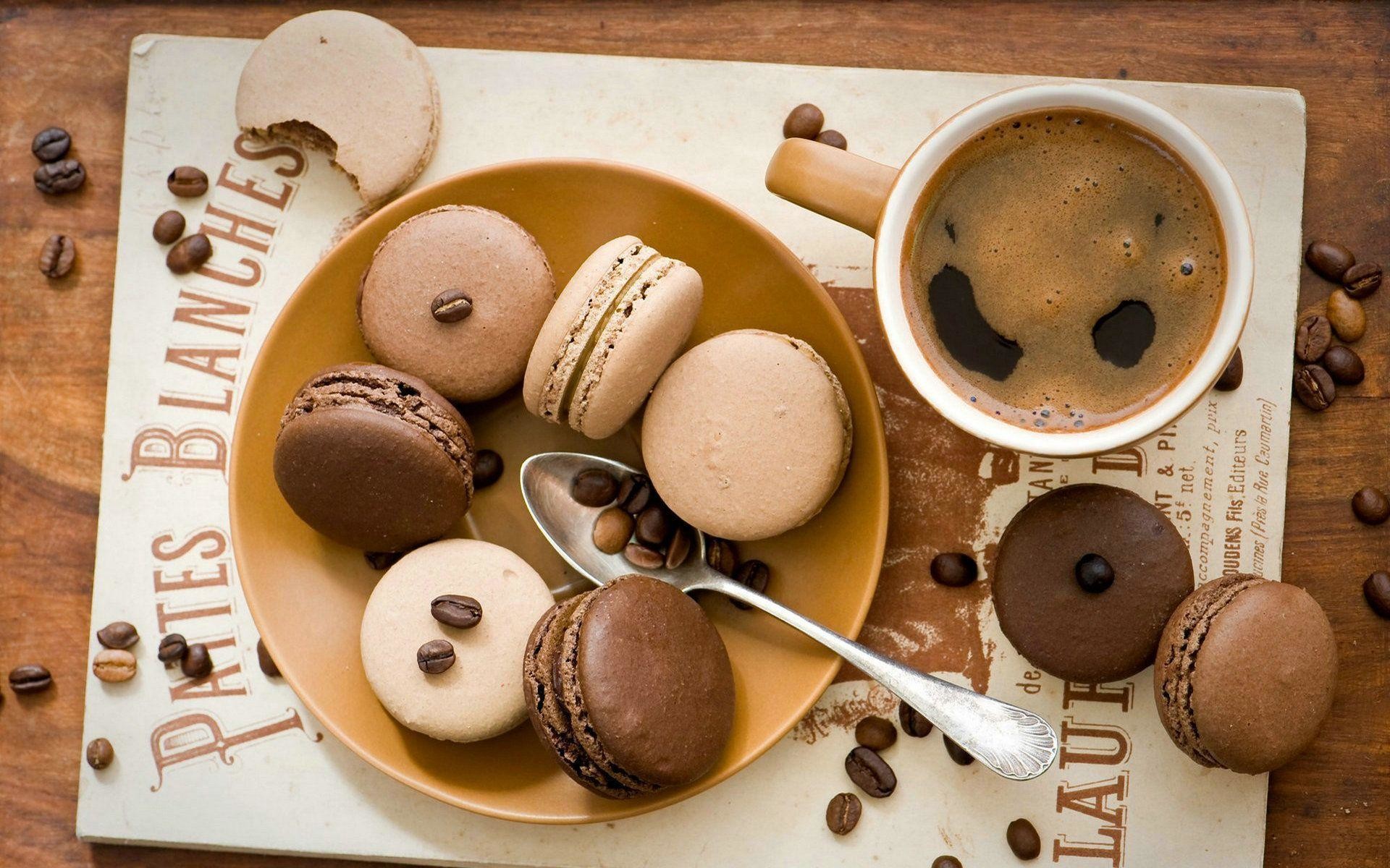 Macarons, Caffè, Chicchi di caffè, Vista dall'alto, Full HD, sfondo per portatile
