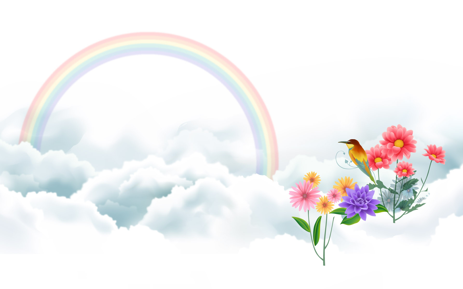 Arcobaleno, Nuvole, Fiori, Uccellino, Full HD, sfondo per portatile