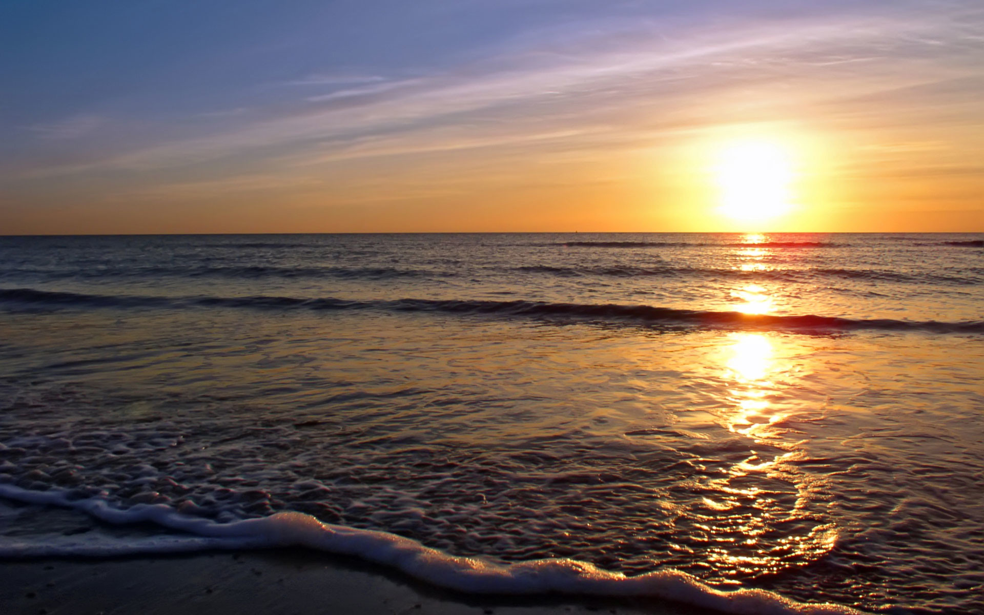 Tramonto sul mare, Spiaggia, Onde, Sole, Full HD, sfondo per PC e portatile