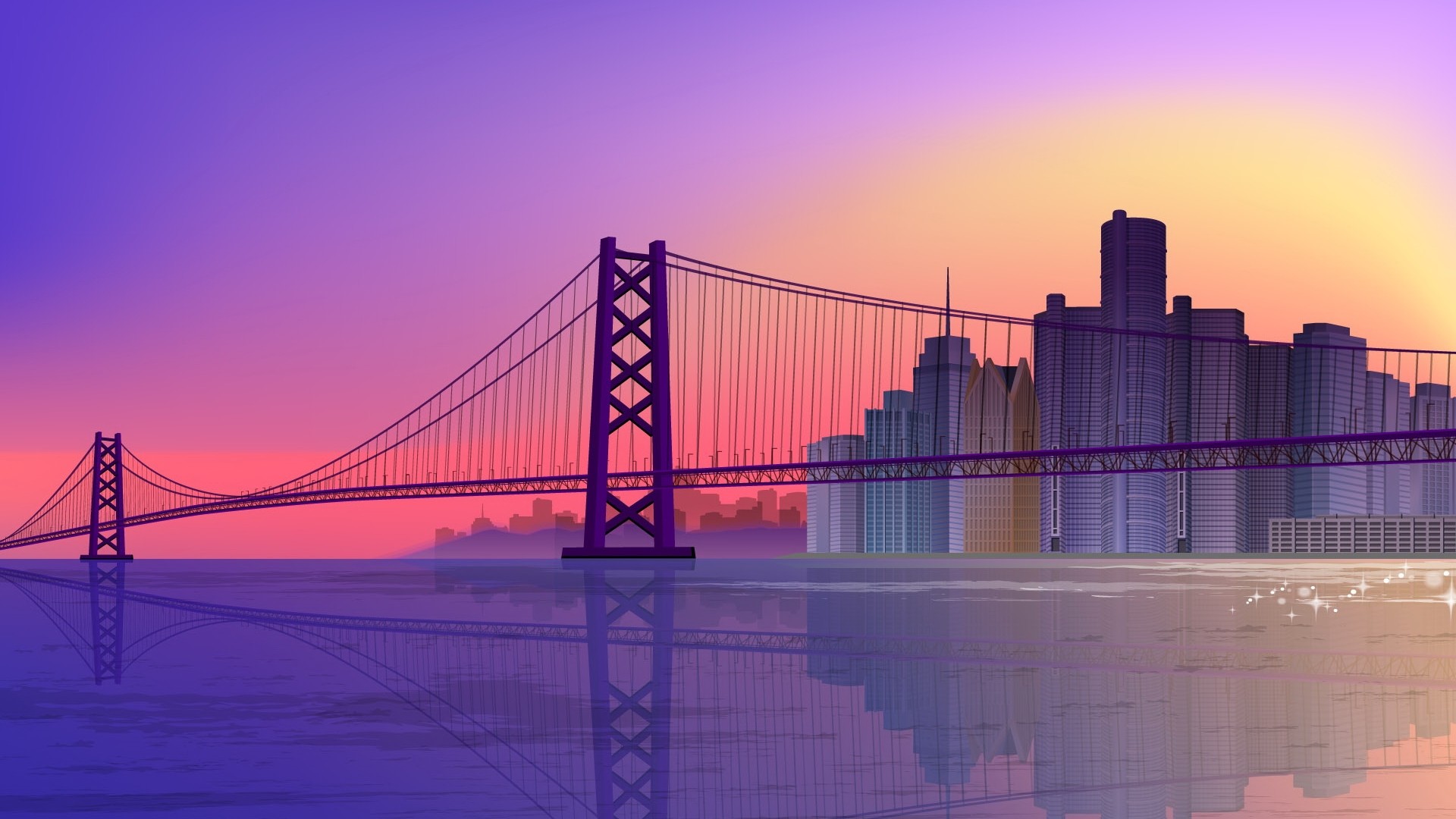 Bay Bridge, San Francisco, Skyline, Illustrazione, Tramonto, Full HD, wallpaper per desktop