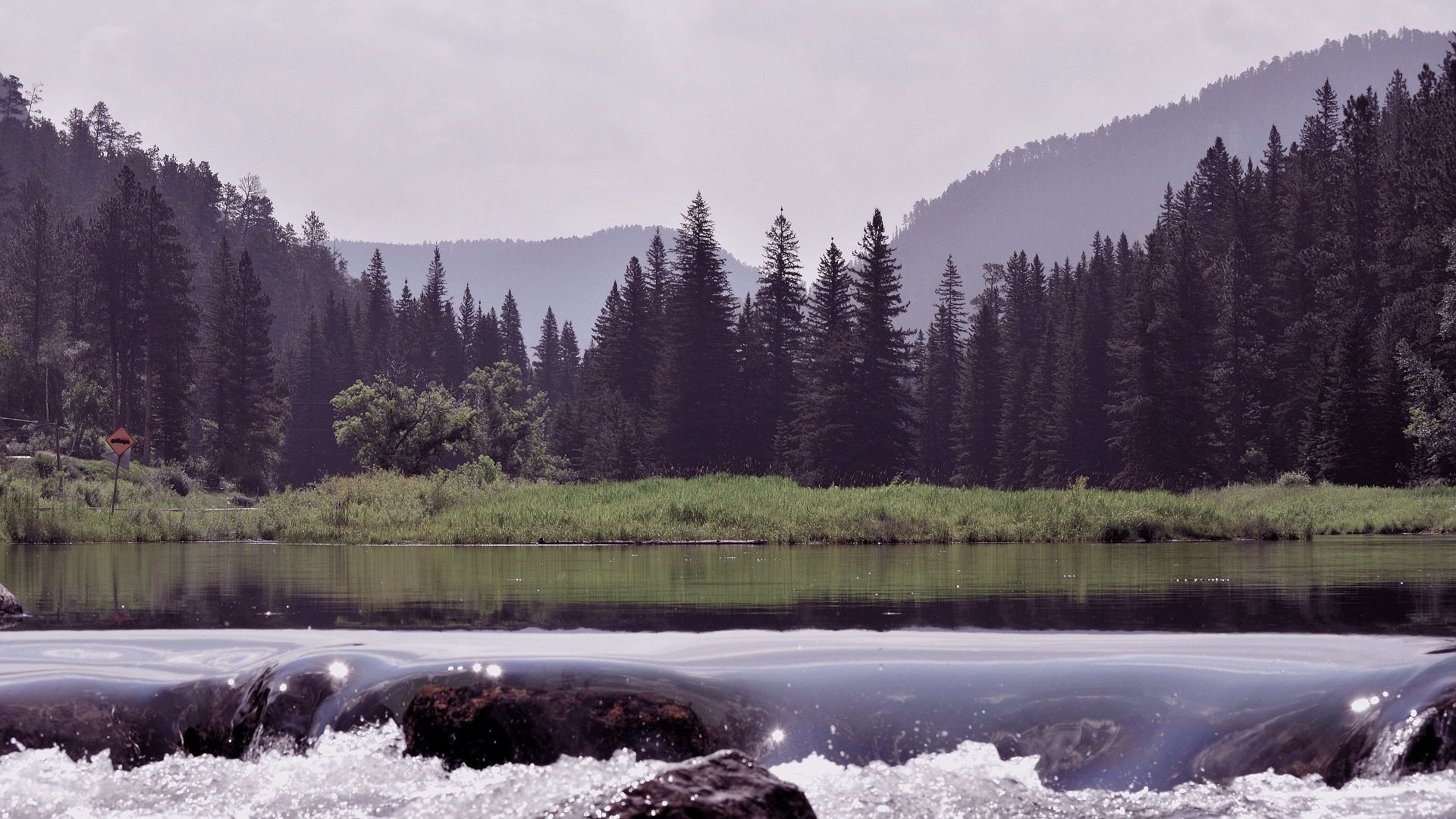 Foresta, Lago, Cascata, Nebbia, 1920x1080, wallpaper desktop