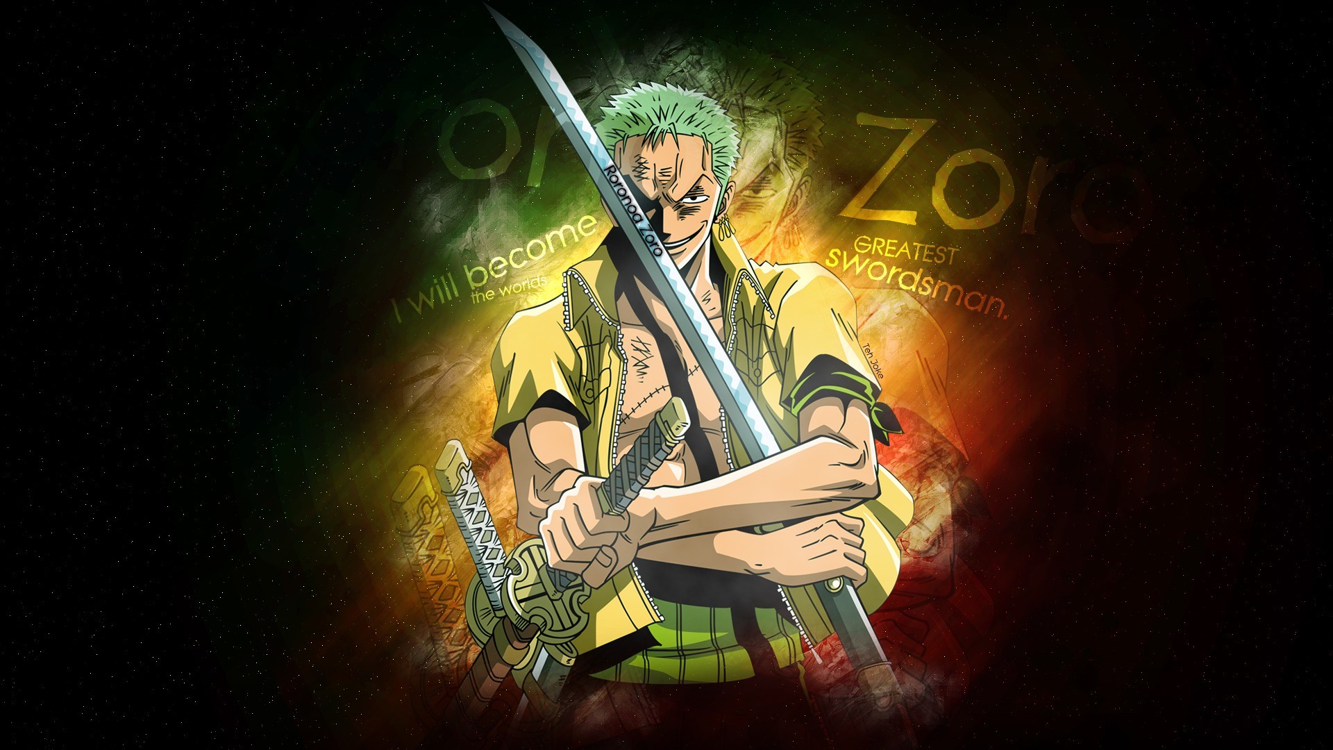 Roronoa Zoro, One Piece, Katane, Citazione, Sfondo scuro, Full HD, wallpaper per computer