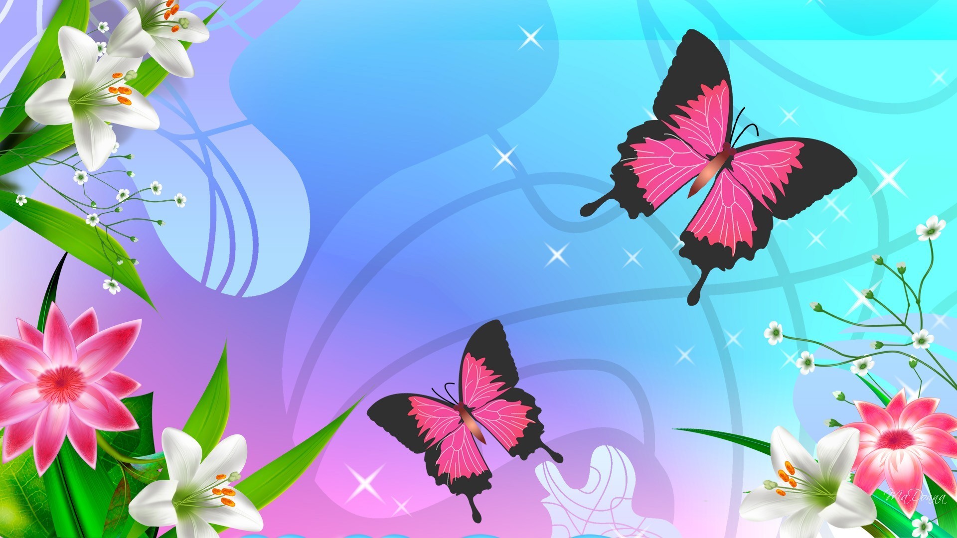 Farfalle rosa, Gigli, Arte digitale, 1920x1080, sfondo per PC