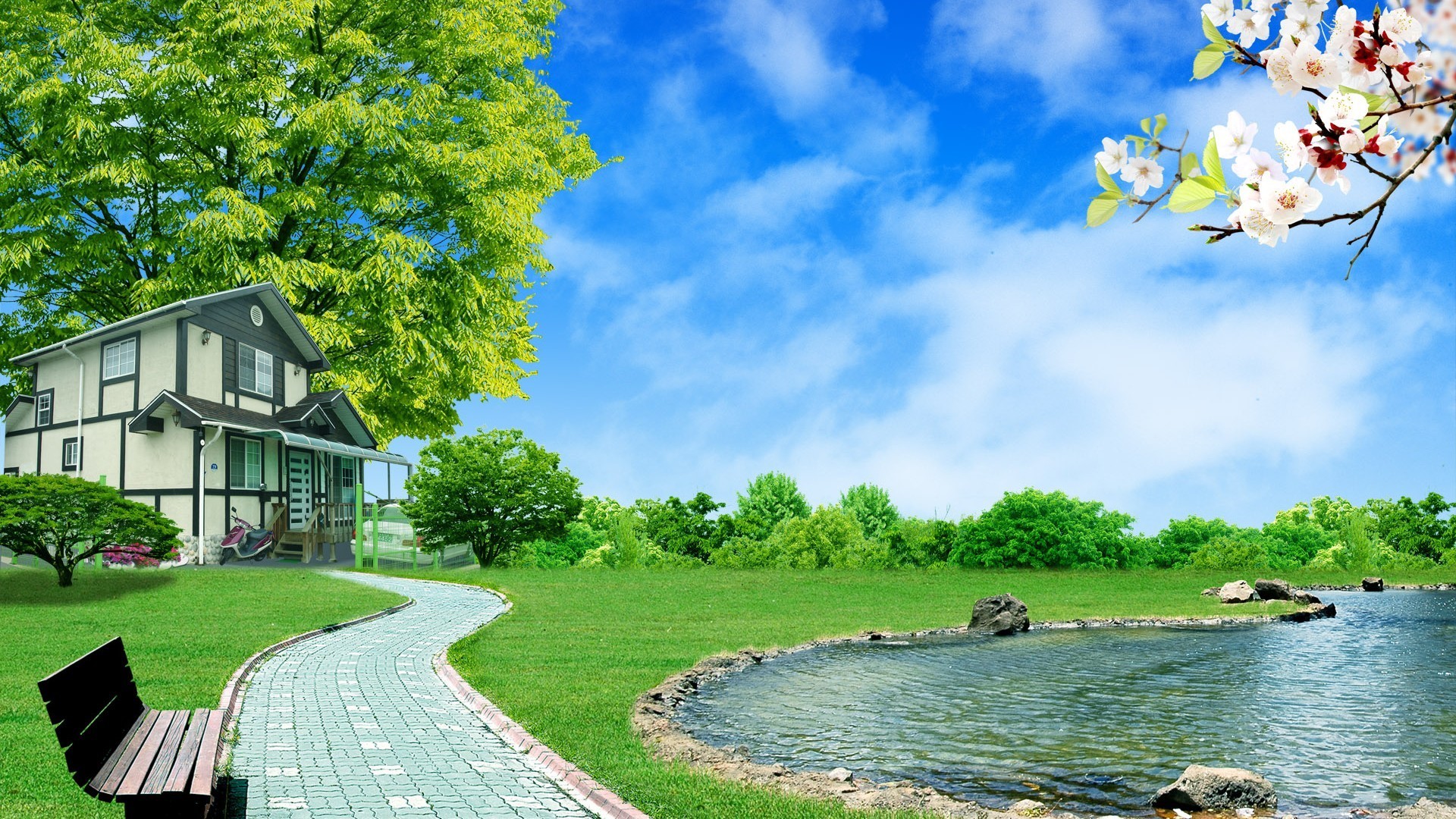 Casa, Parco, Laghetto, Panchina, Primavera, 1920x1080, sfondo per PC