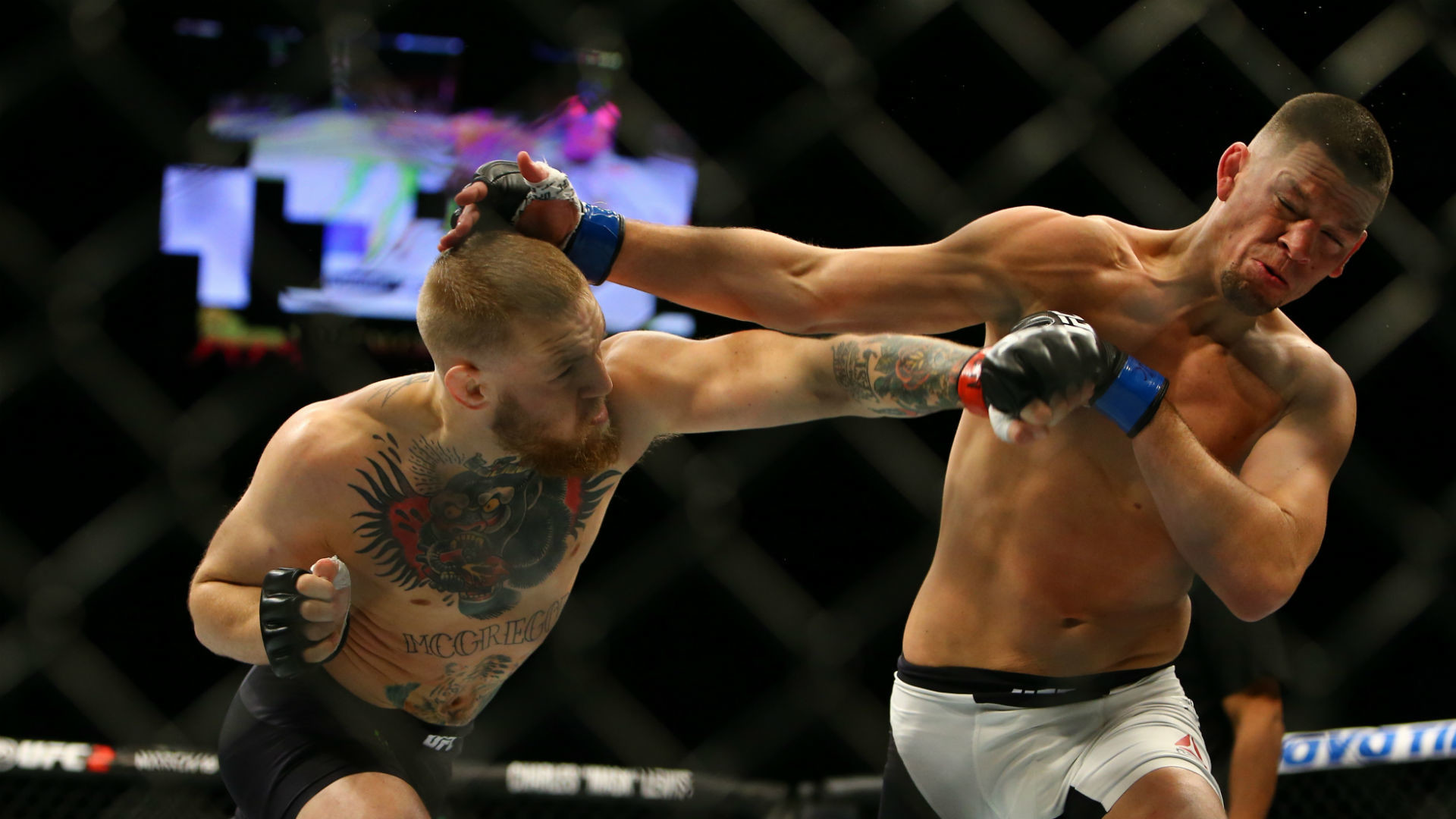 Conor McGregor, Nate Diaz, Pugno, Combattimento, UFC, 16:9 Full HD, sfondo widescreen