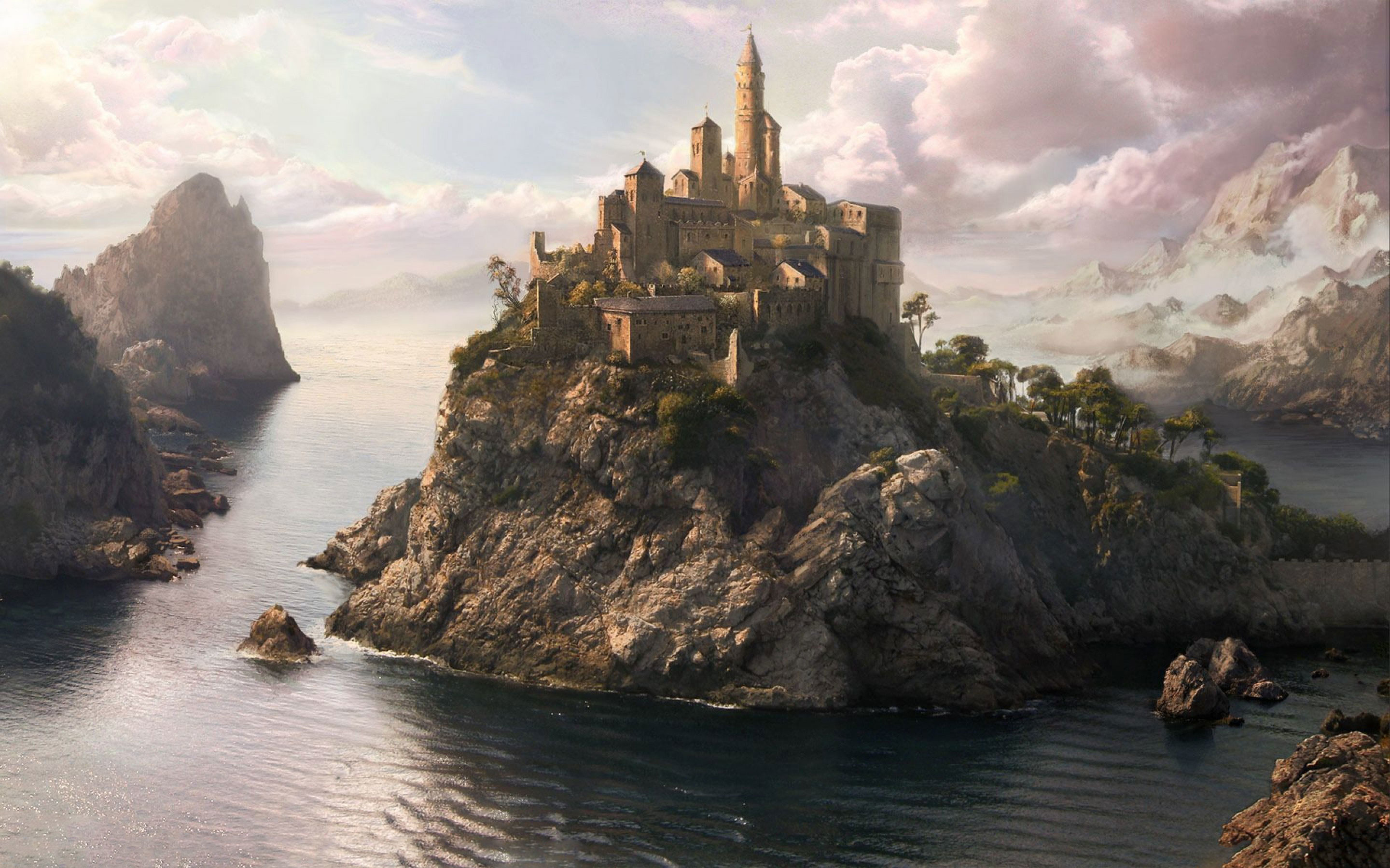 Castello, Isola rocciosa, Mare, Paesaggio fantasy, 2K, sfondo Windows 11
