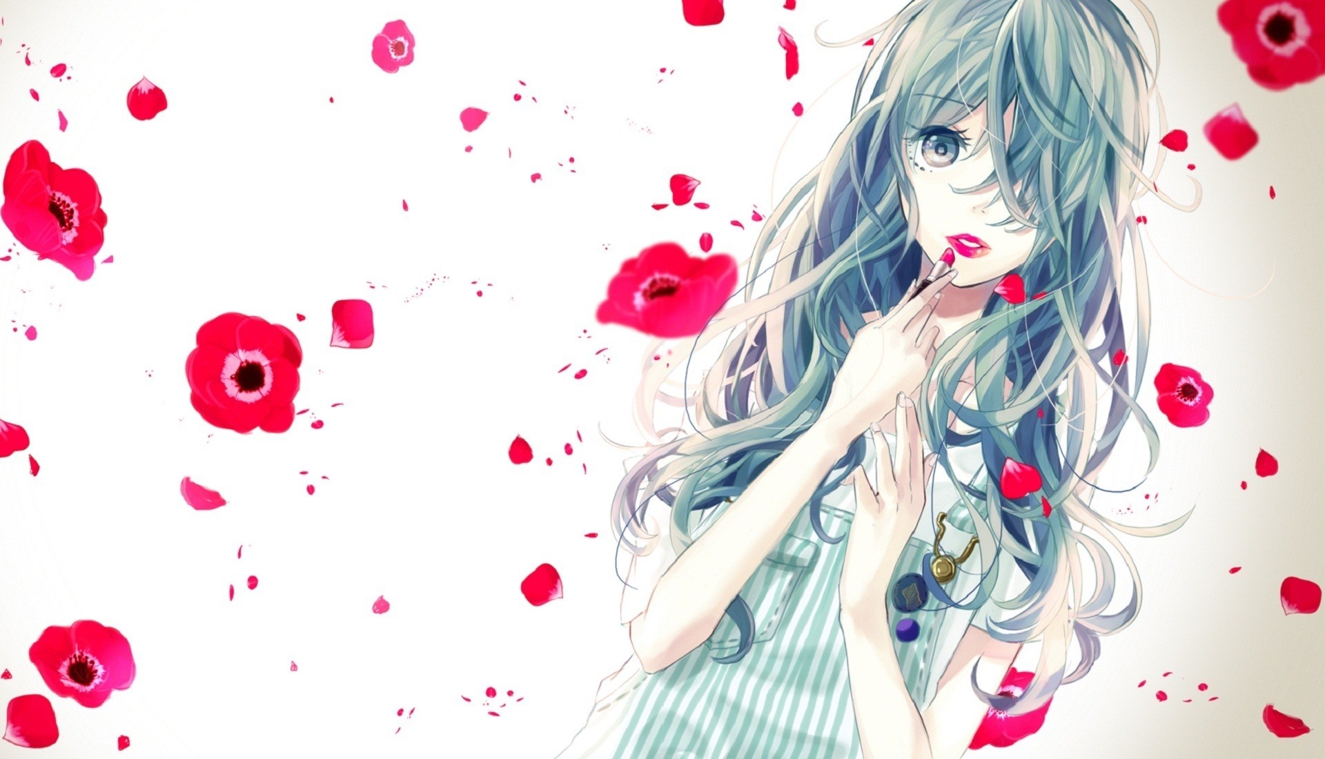 Ragazza anime, Petali, Fiori rossi, Sfondo bianco, Full HD, wallpaper per portatile