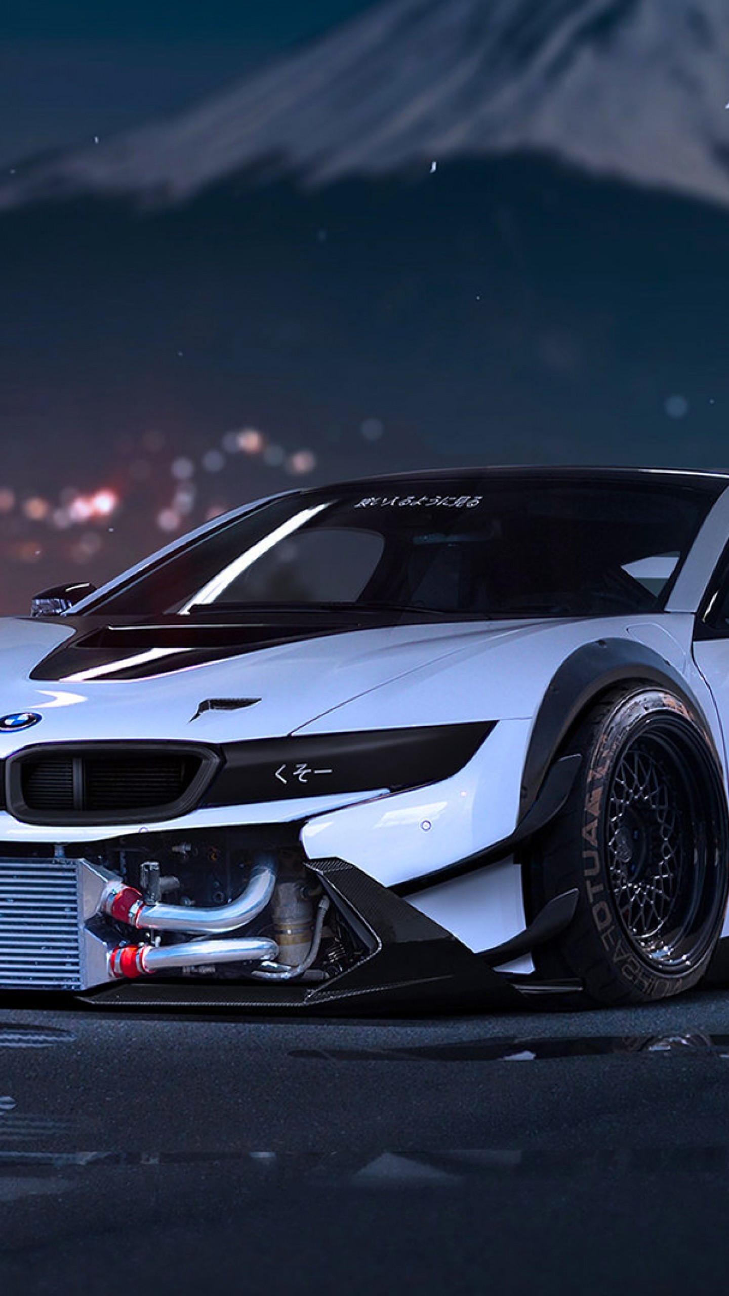 BMW i8, Auto sportiva, Notte, Monte Fuji, sfondo per iPhone e Android