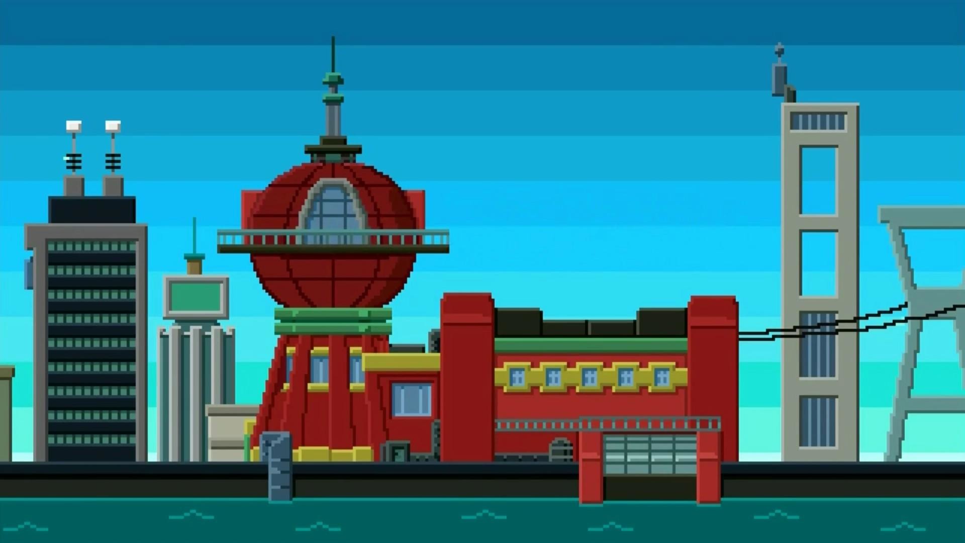 Futurama, Planet Express, Pixel art, Edifici, Cielo azzurro, Full HD, sfondo desktop