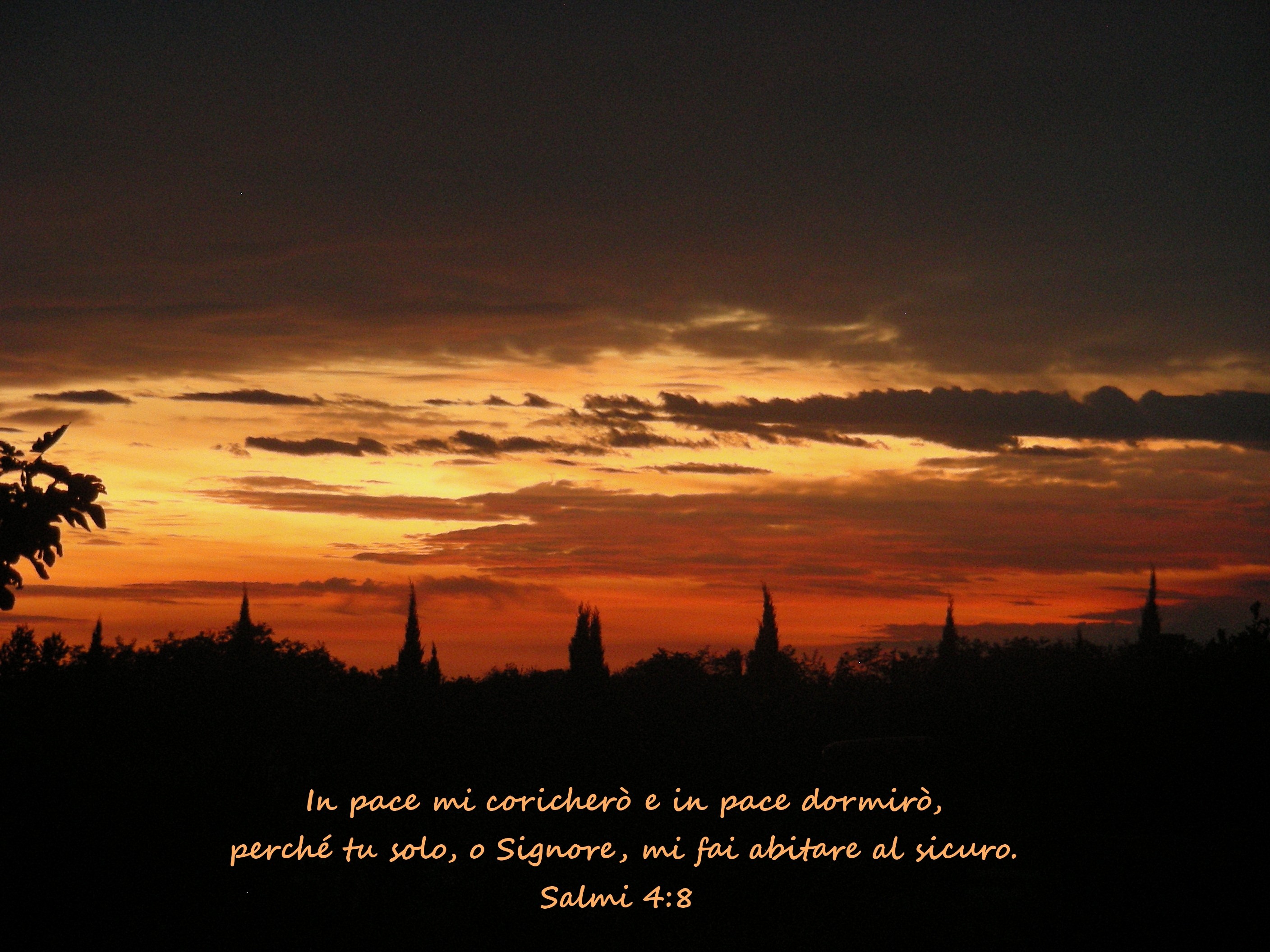 Tramonto, Silhouette, Cielo arancione, Salmi 4:8, Citazione biblica, sfondo per iPad