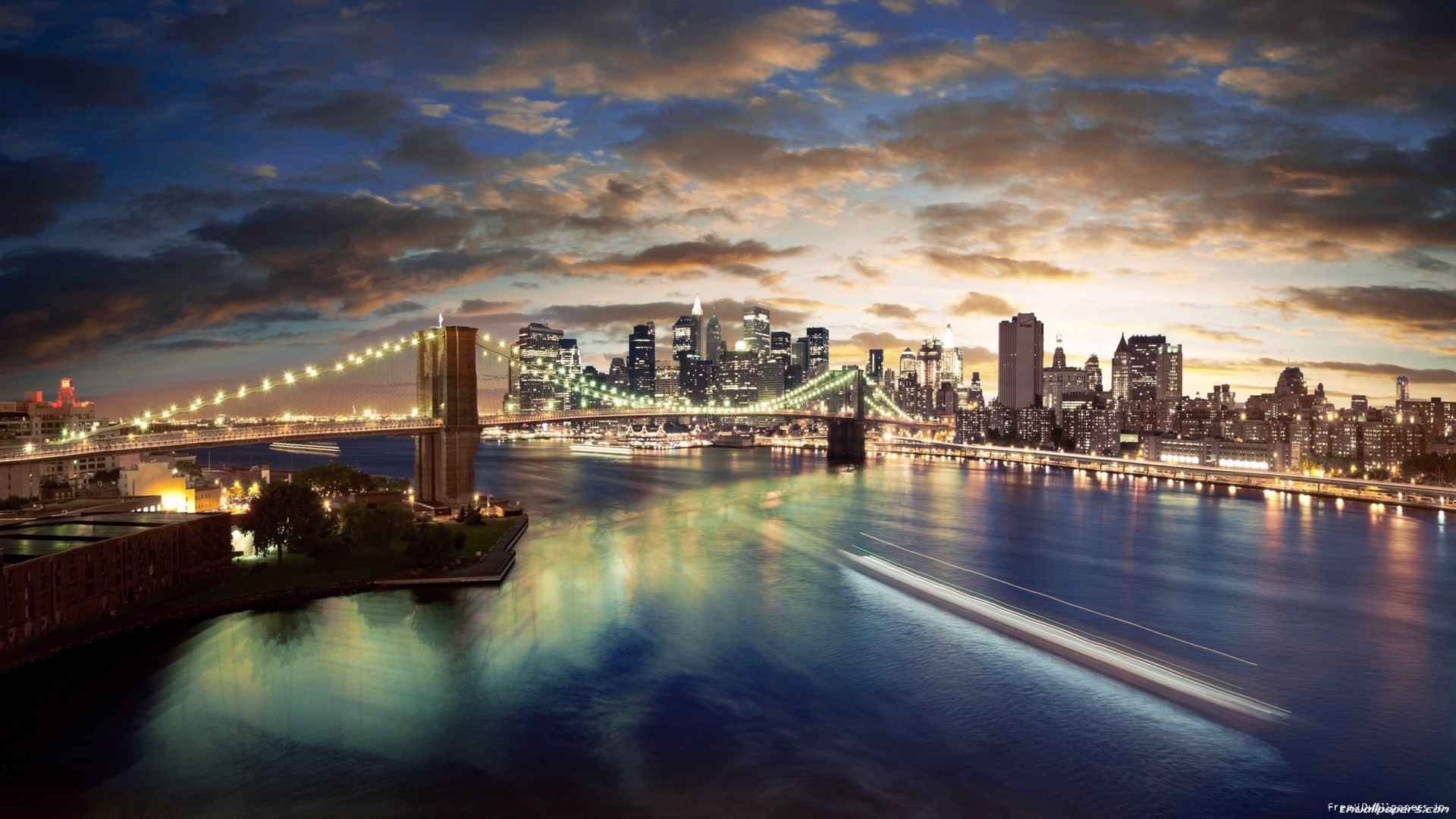 Ponte di Brooklyn, Manhattan, New York, Skyline, Notte, Luci della città, sfondo desktop