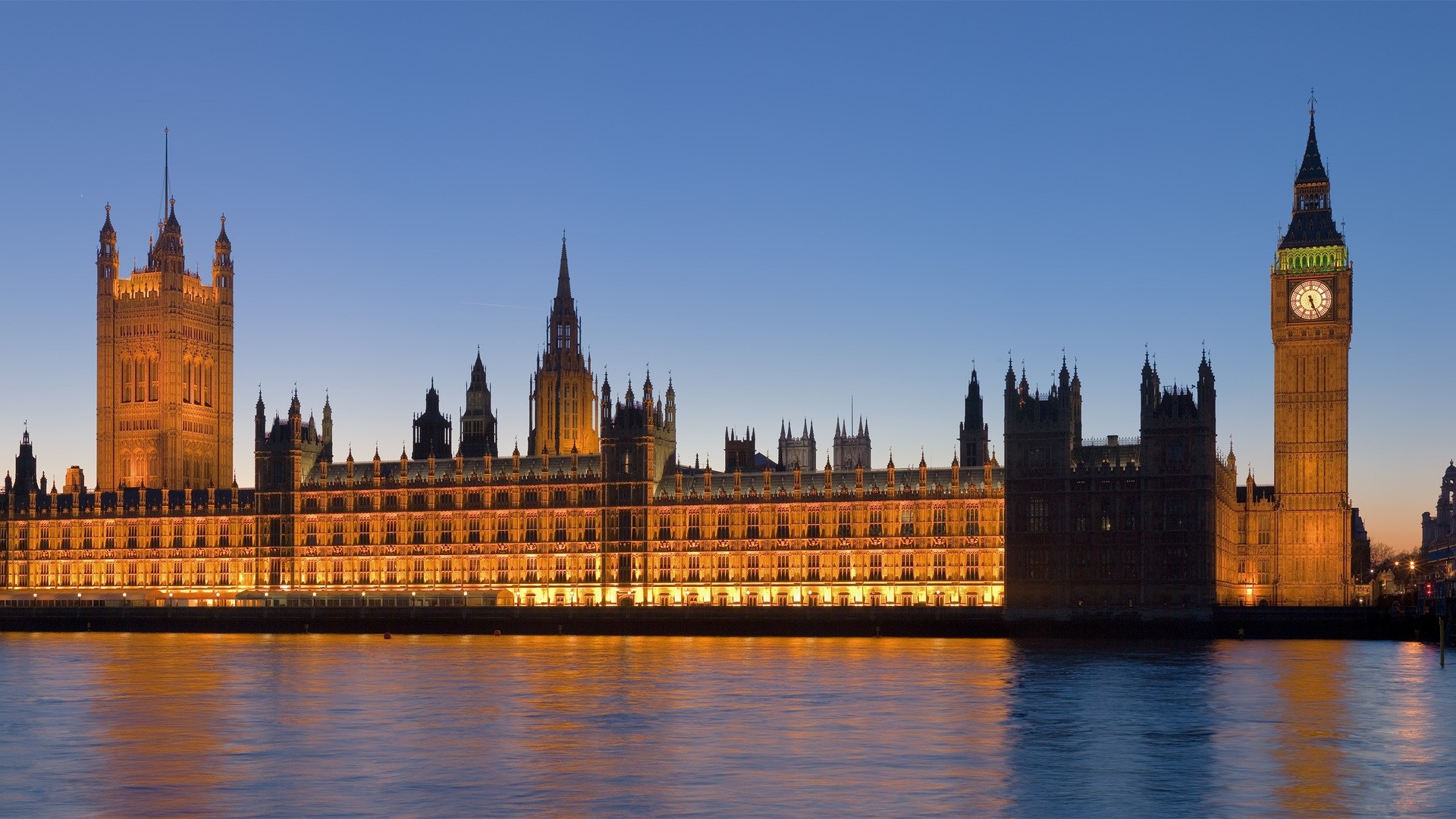 Palazzo di Westminster, Big Ben, Tamigi, Londra, Illuminazione notturna, sfondo desktop Full HD