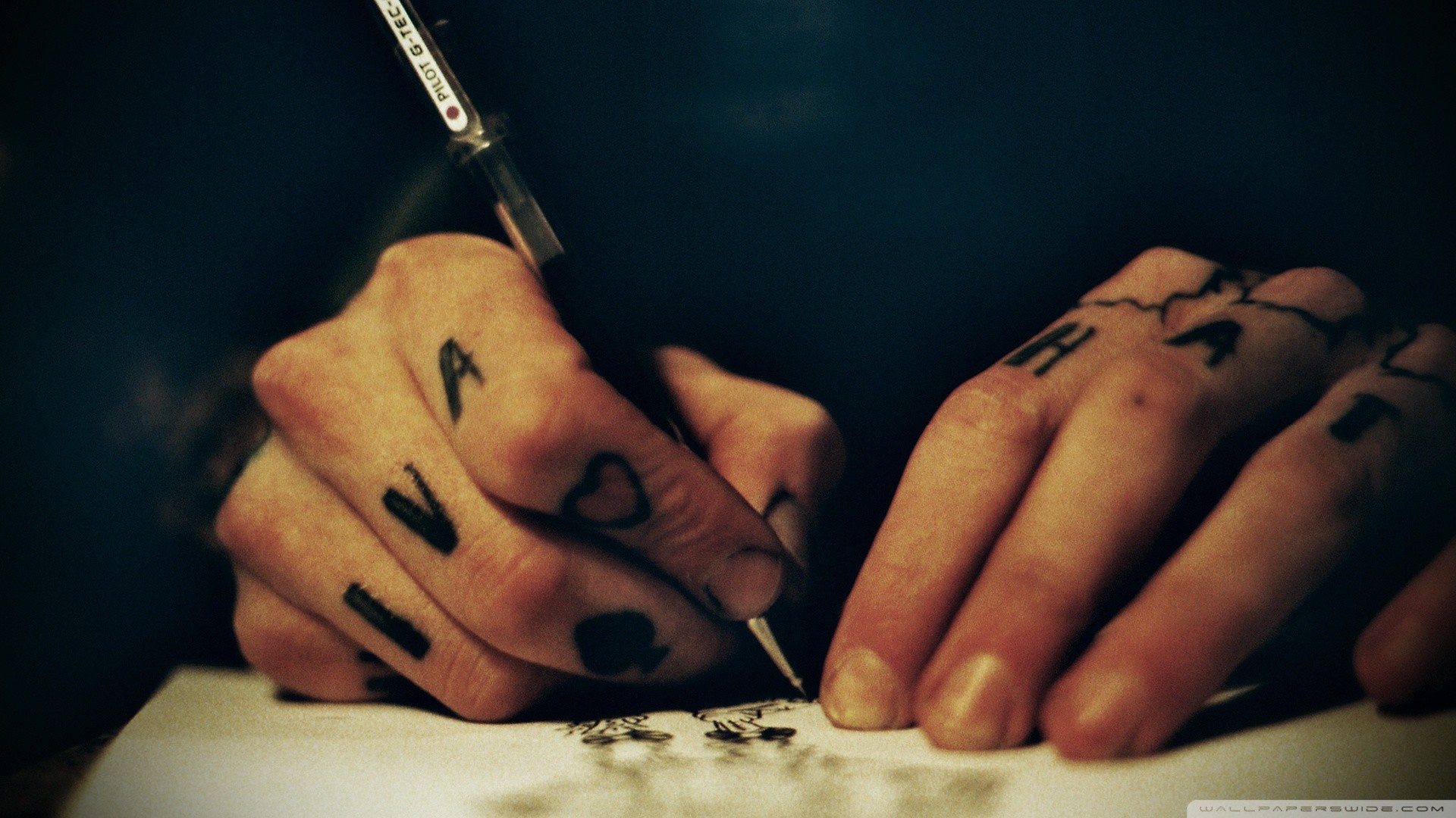 Dita tatuate, Mani, Disegno, Penna, 1920x1080, immagine di sfondo