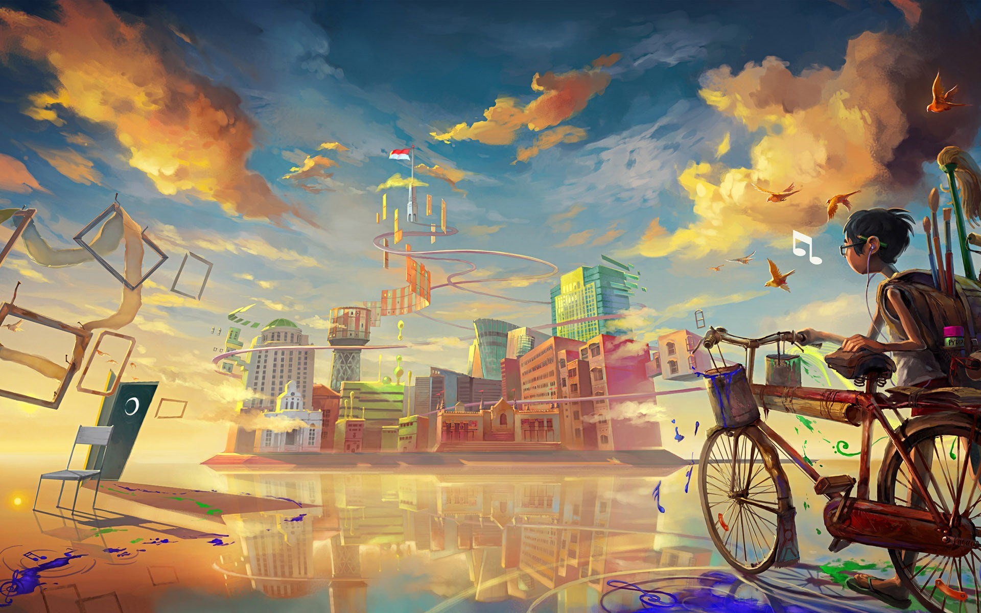 Ragazzo in bicicletta, Città fantastica, Pittura digitale, Nuvole, Tramonto, wallpaper Full HD