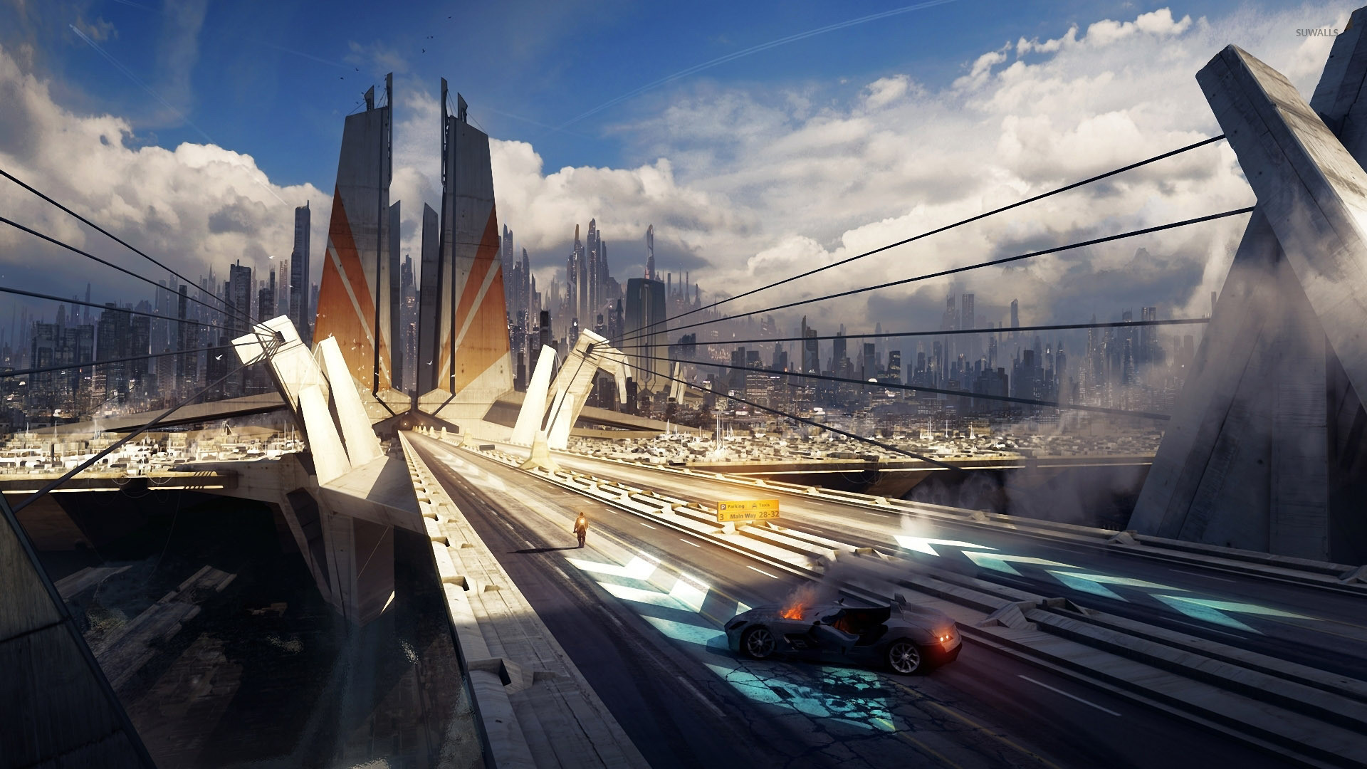 Città futuristica, Grattacieli, Autostrada, Auto futuristica, Full HD, sfondo per PC