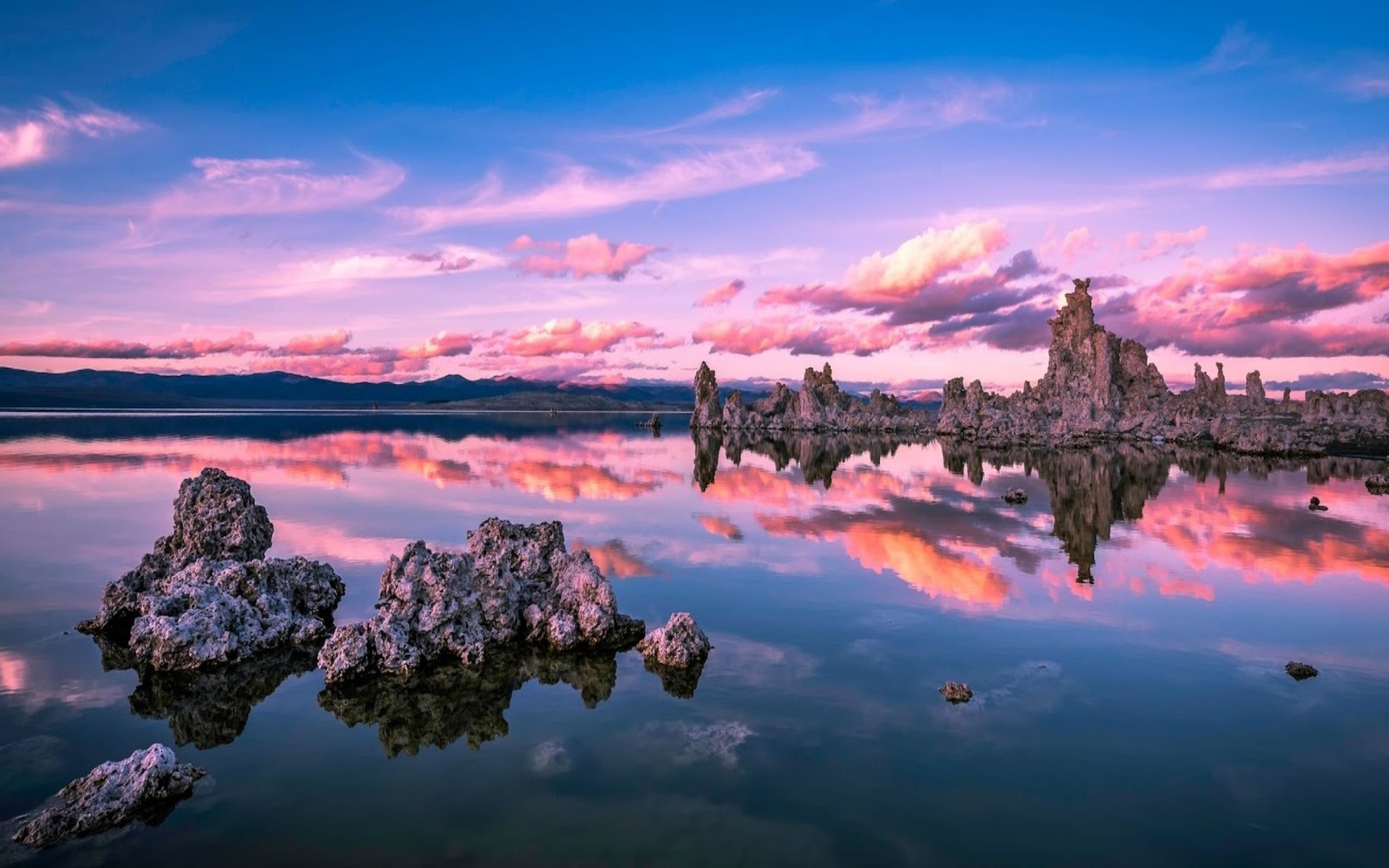 Mono Lake, Tufi, California, Riflesso, Cielo rosa, 2K, sfondo per PC