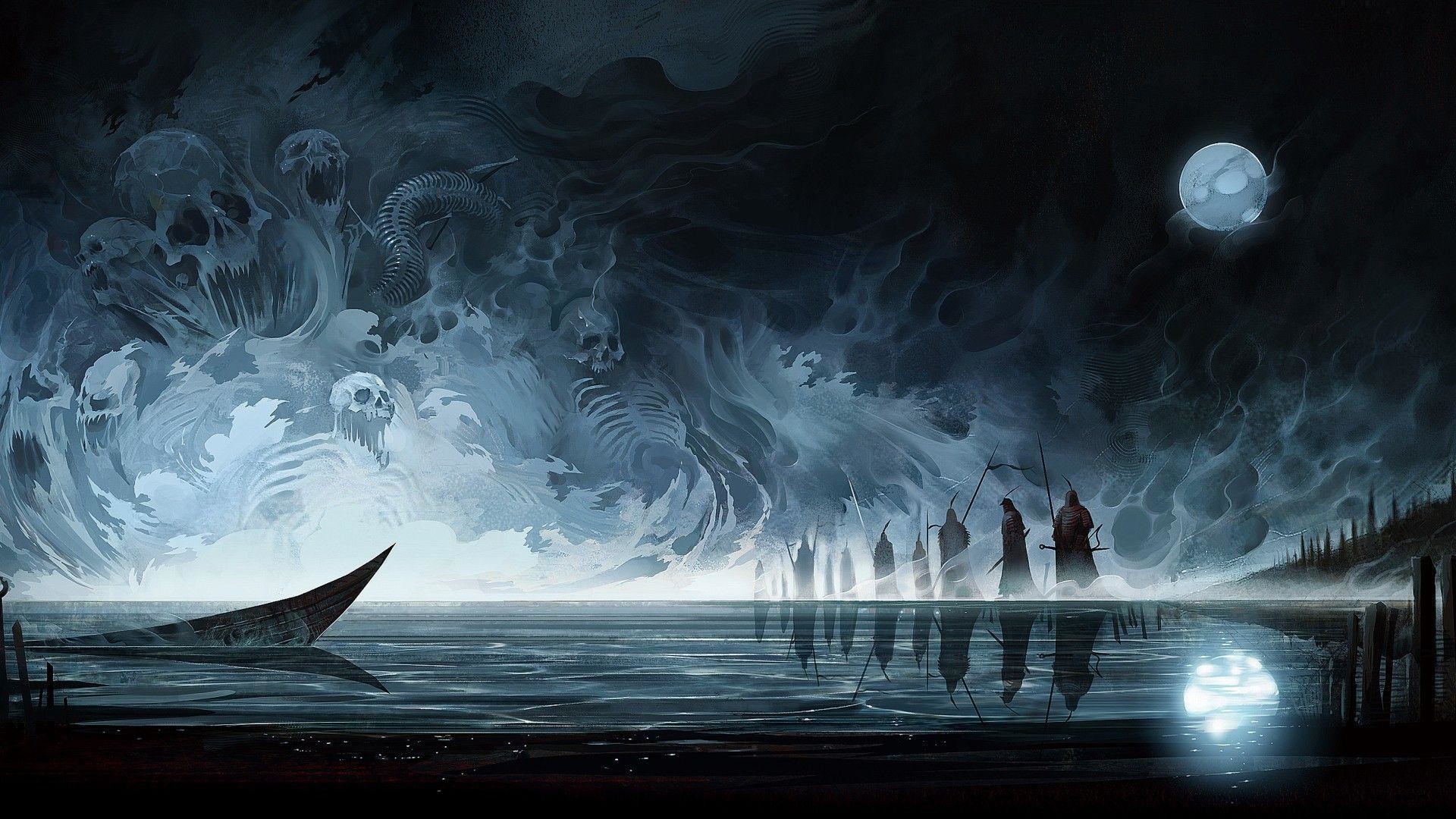 Lago, Luna, Figure incappucciate, Notte, Dark fantasy, Blu, 1920x1080, wallpaper desktop