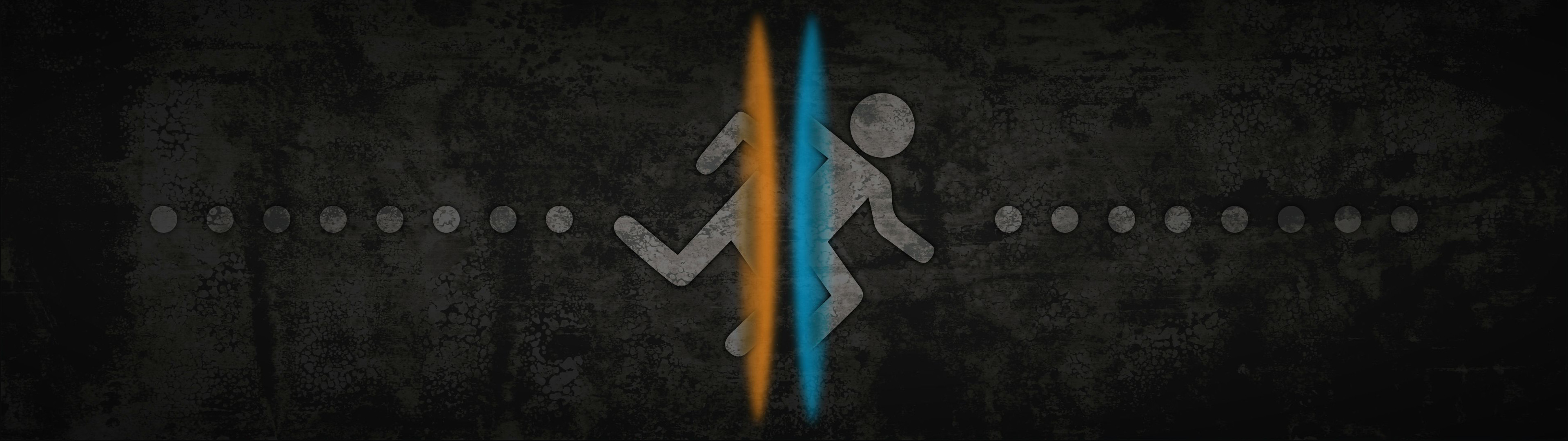 Portal, Logo Aperture, Portale arancione, Portale blu, Minimalista, sfondo 3840x1080 per PC