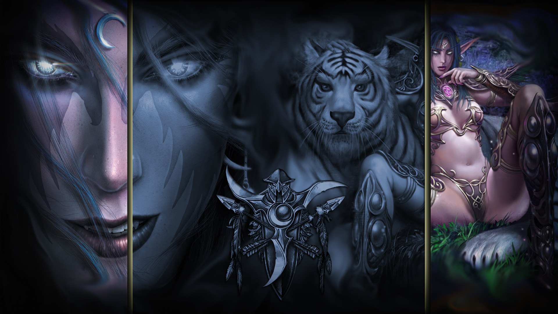 Tyrande Soffiodivento, World of Warcraft, Elfa della notte, Tigre bianca, Trittico, sfondo desktop