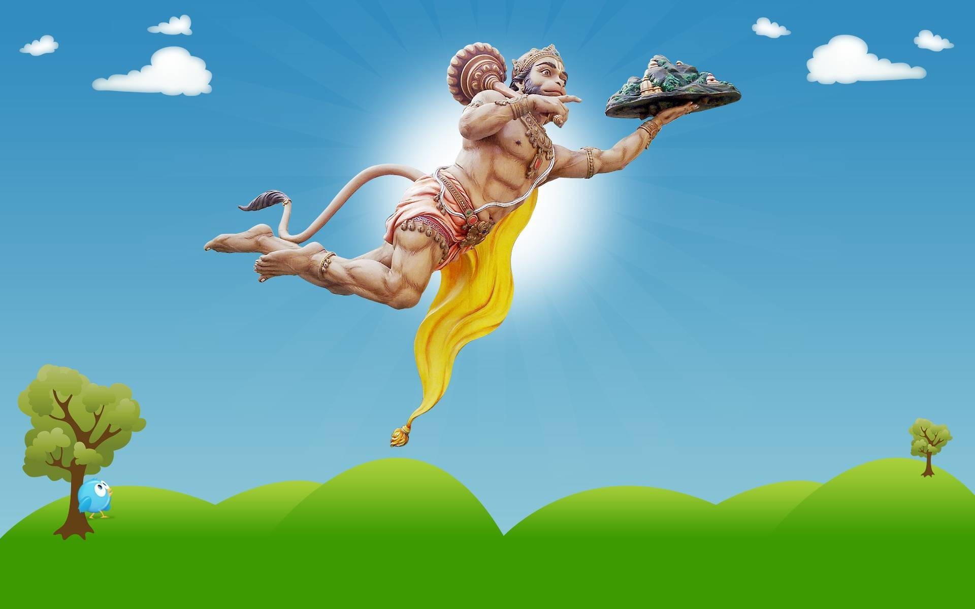 Hanuman, Mitologia induista, Cartone animato, Cielo blu, Full HD, sfondo per portatile
