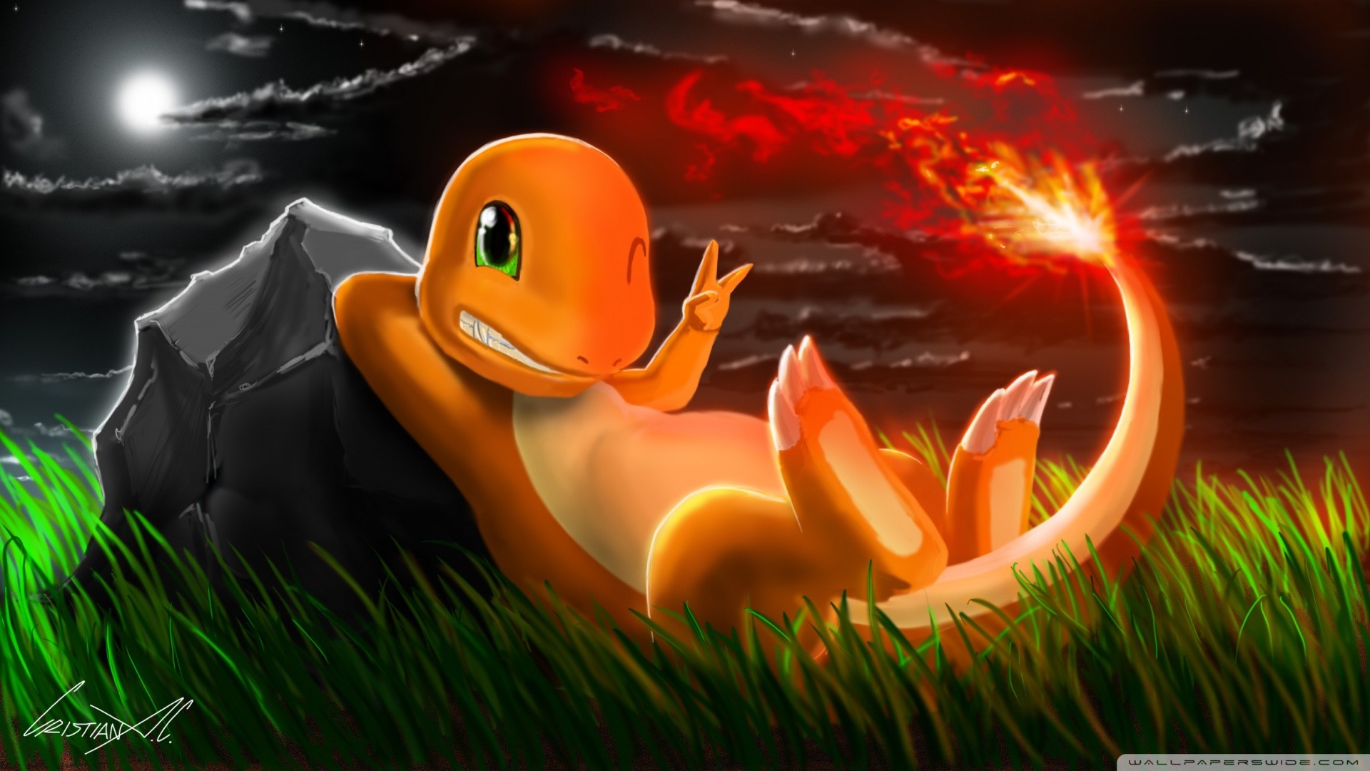 Charmander, Pokémon, Erba, Fiamma, Notte, Full HD, sfondo Windows 11