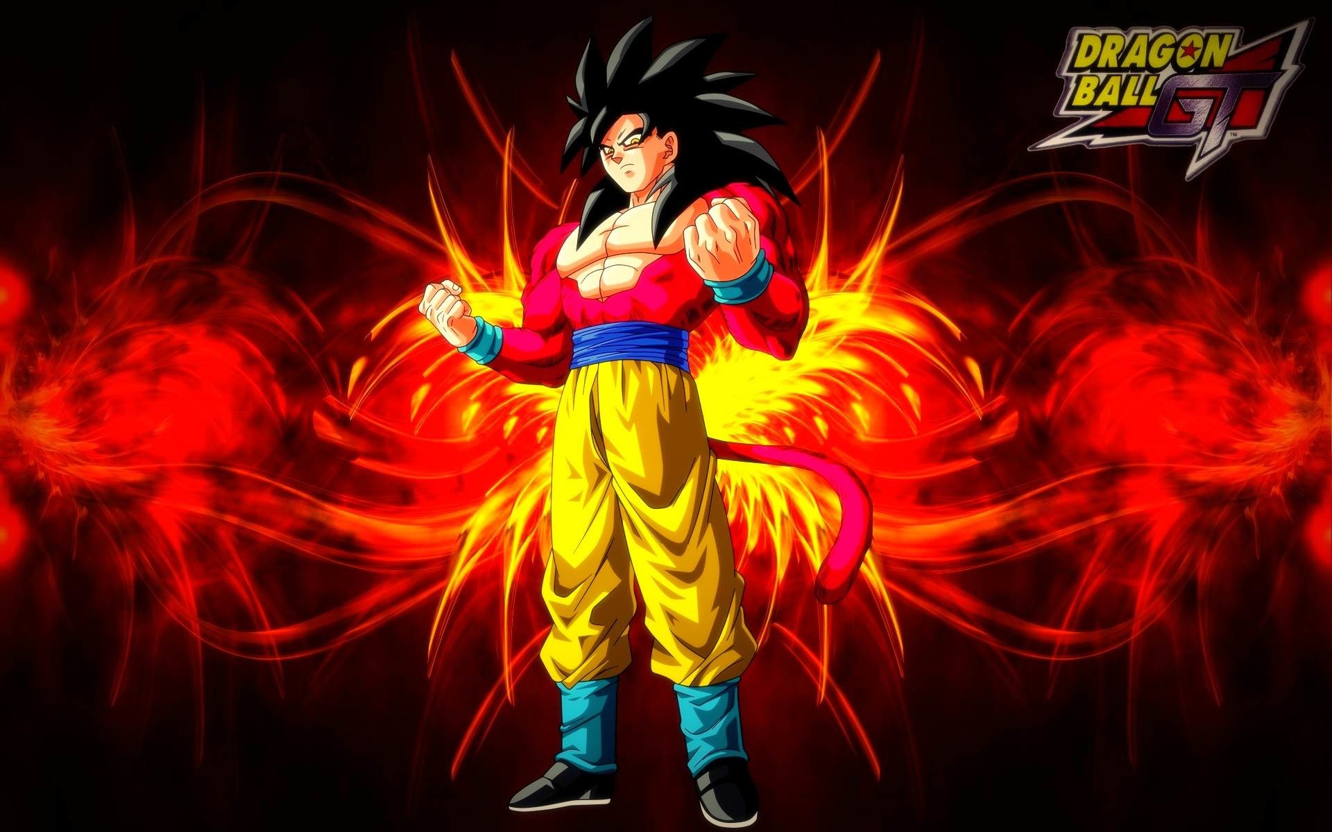 Son Goku, Super Saiyan 4, Dragon Ball GT, Sfondo rosso, Fiamme, Full HD, wallpaper per computer