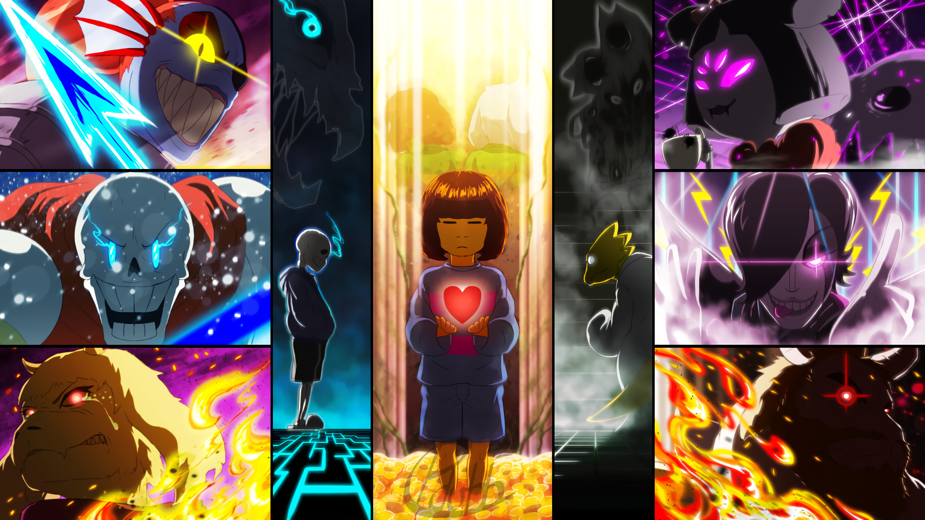 Undertale, Frisk, Sans, Collage, Fan art, 16:9 2K, sfondo widescreen