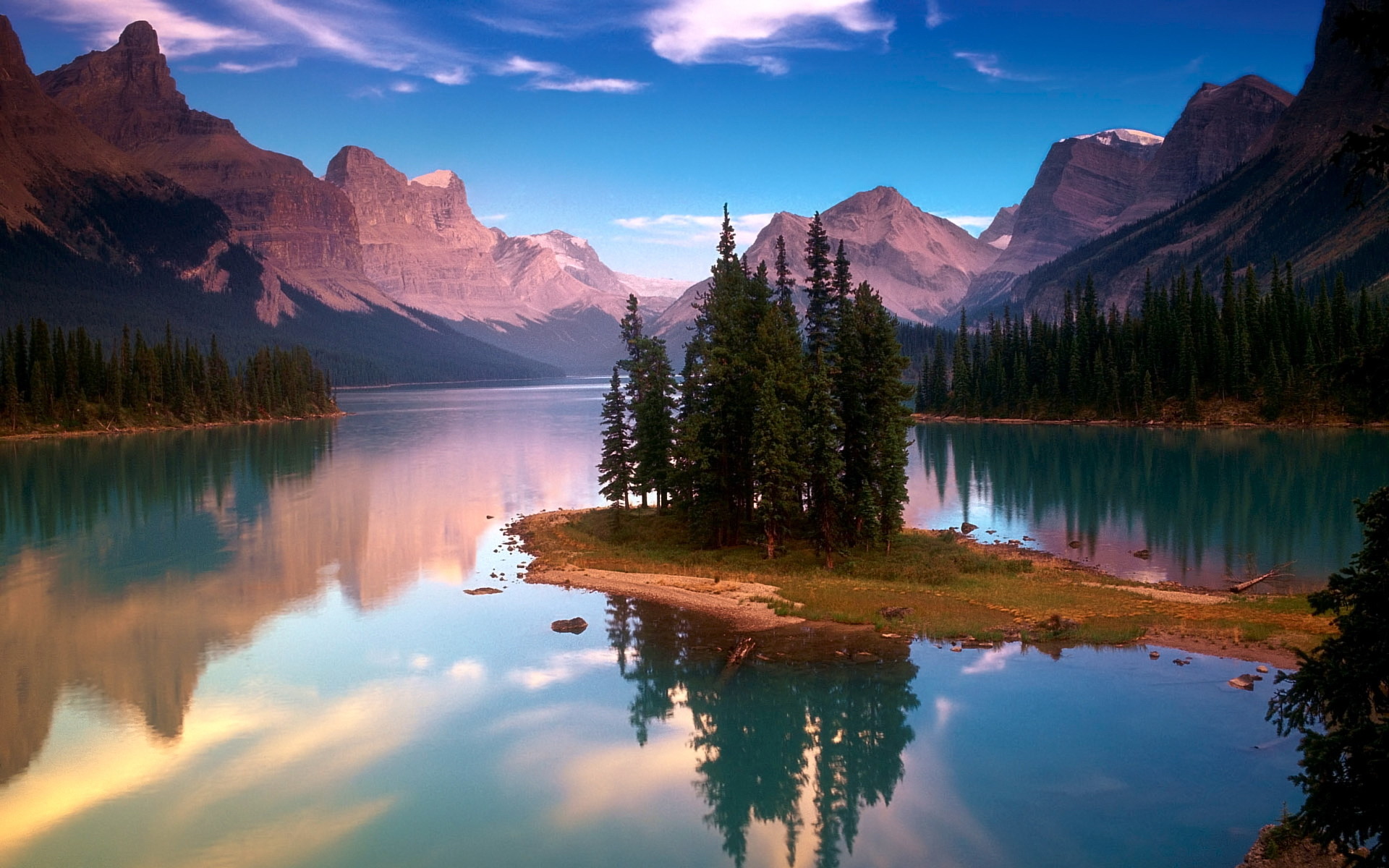 Spirit Island, Lago Maligne, Canada, Montagne, Full HD, sfondo PC