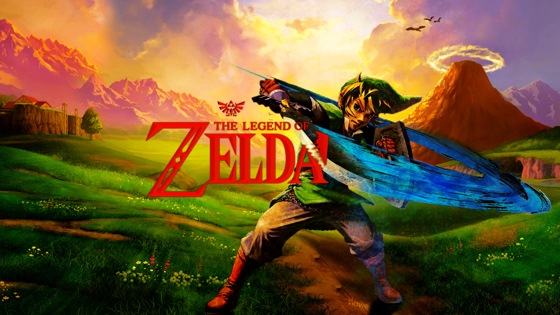 Link, The Legend of Zelda, Logo, Hyrule, Tramonto, 16:9 Full HD, sfondo widescreen