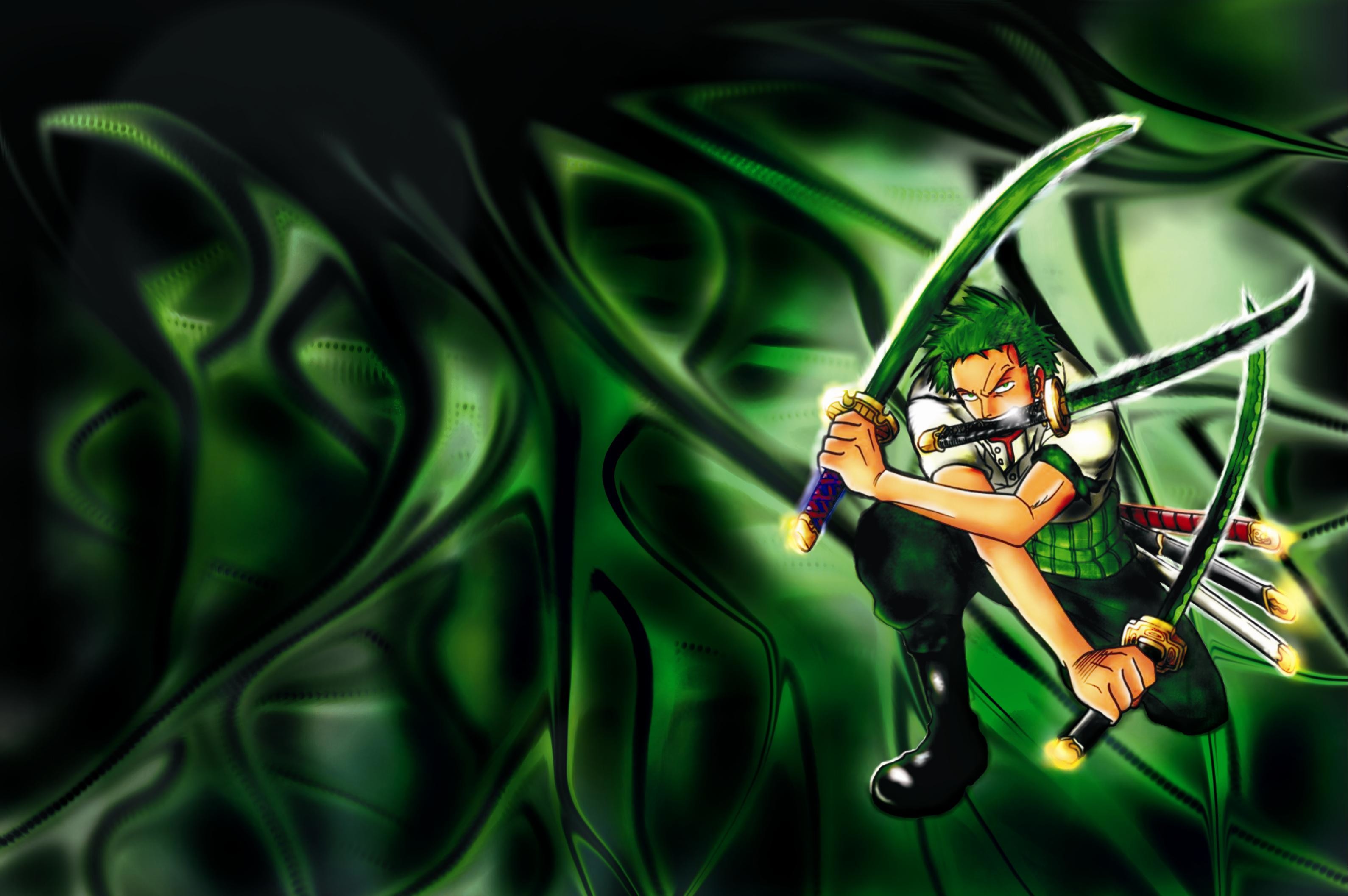Roronoa Zoro, One Piece, Santoryu, Sfondo verde, 2K, wallpaper per computer