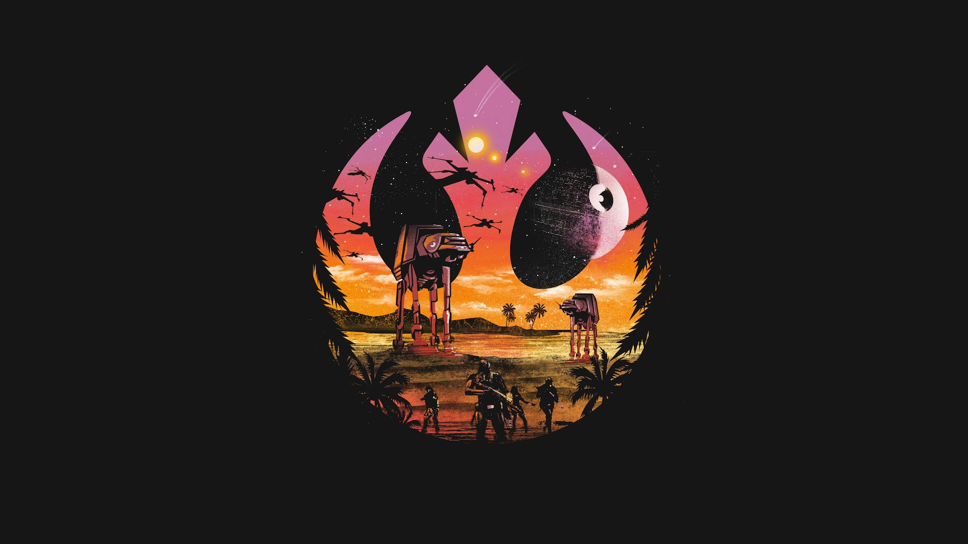 Simbolo dell'Alleanza Ribelle, Rogue One: A Star Wars Story, AT-ACT, Morte Nera, Tramonto, wallpaper desktop