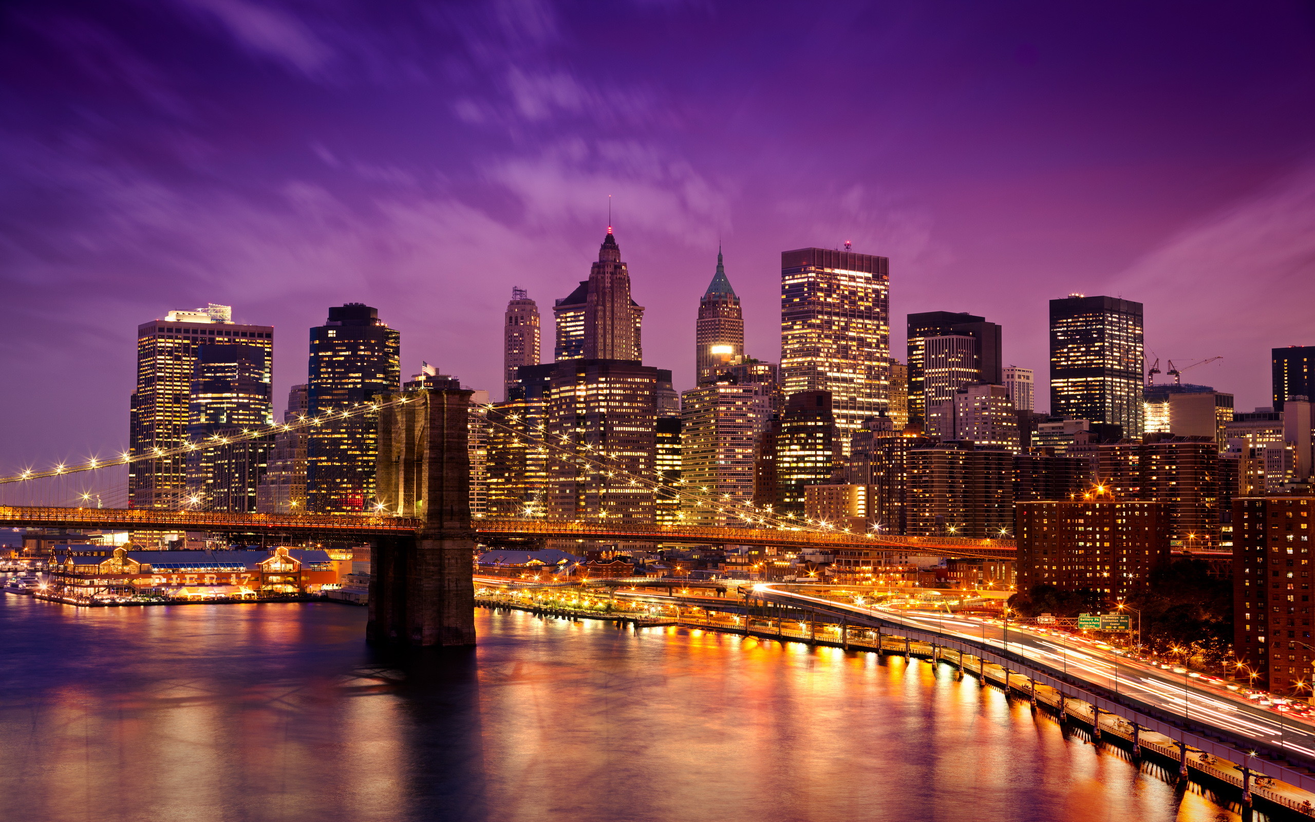 Ponte di Brooklyn, Lower Manhattan, New York, Notte, Cielo viola, sfondo 2K per PC