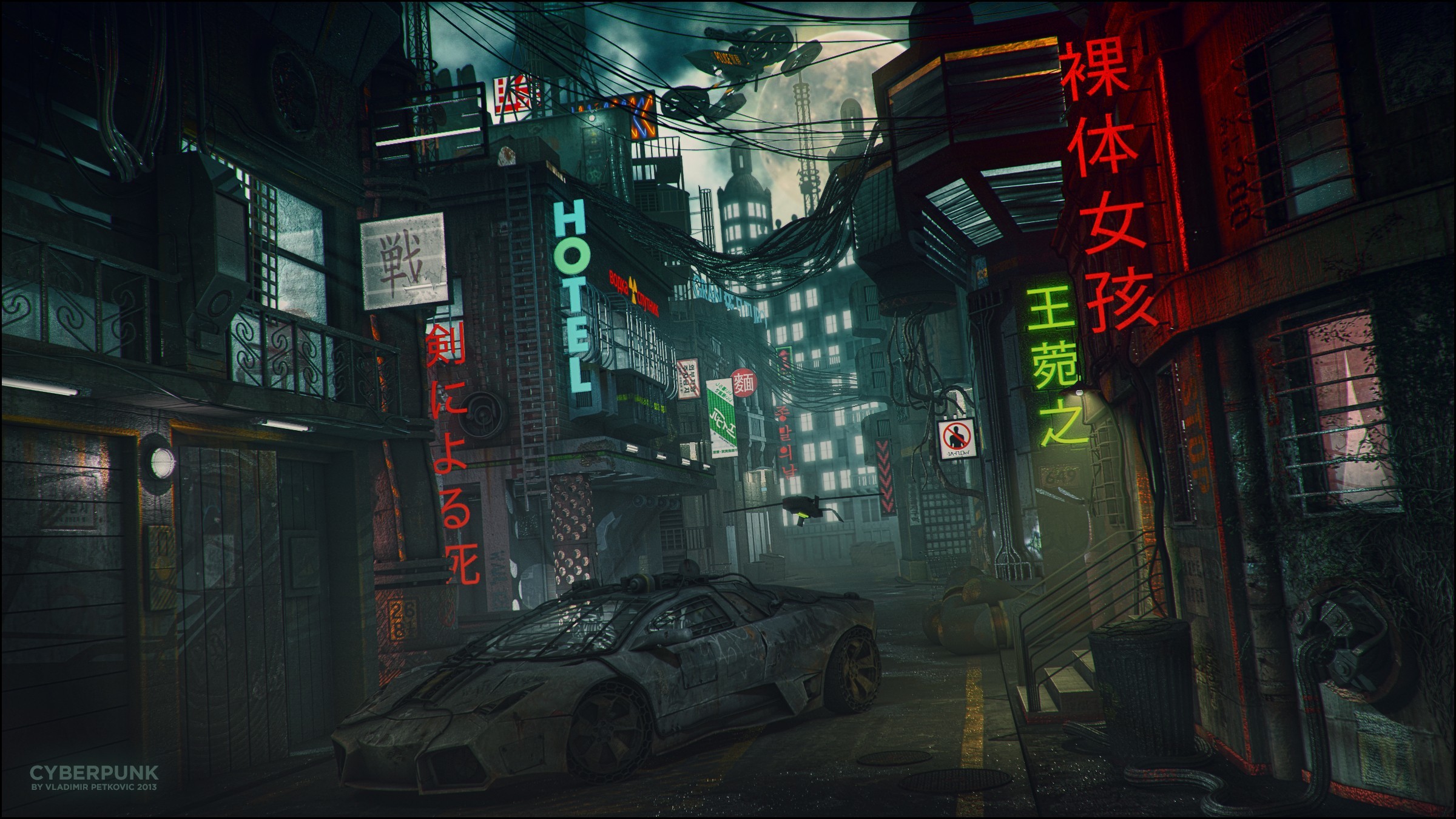 Vicolo cyberpunk, Insegne al neon, Hotel, Notte, Full HD, sfondo desktop