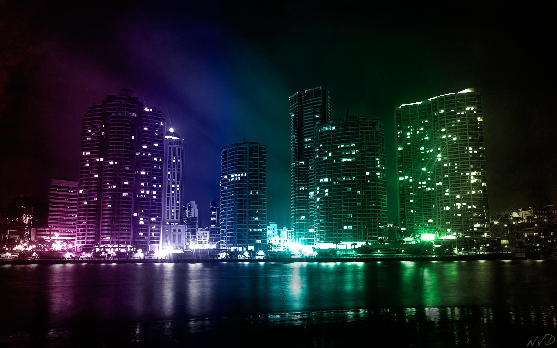 Skyline notturno, Luci colorate, Riflesso, Città, Full HD, sfondo per PC e portatile