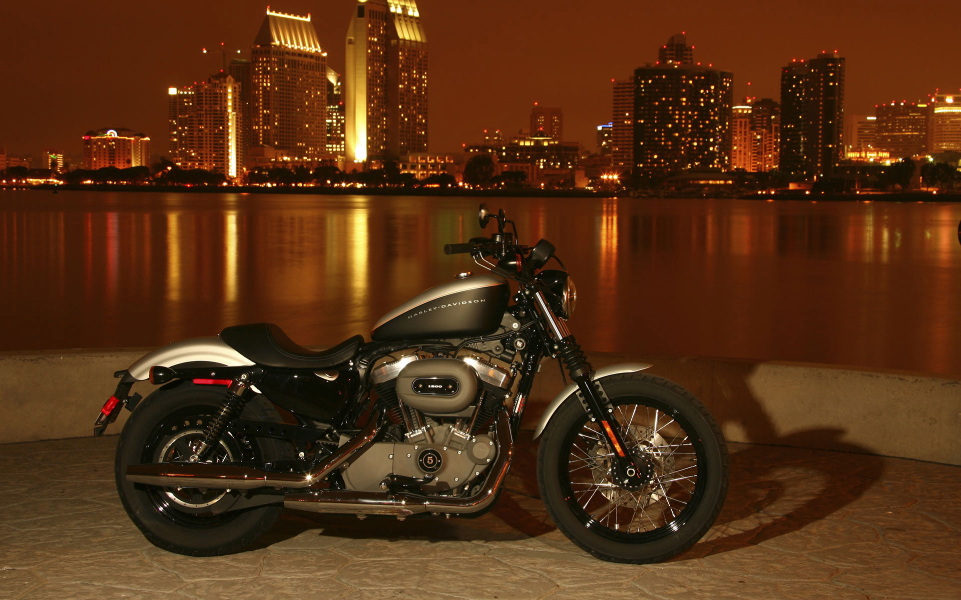 Harley-Davidson Sportster Nightster, Harley-Davidson, Skyline notturno, Lungomare, Luci della città, immagine di sfondo