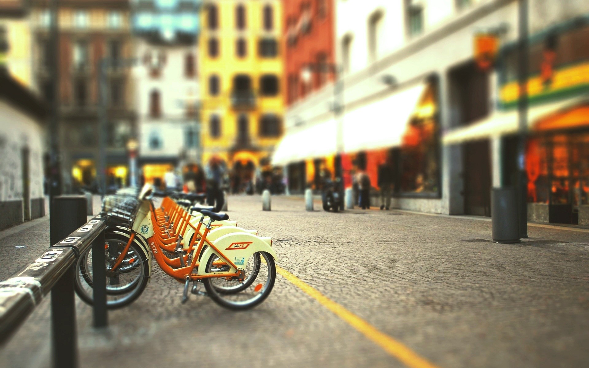 Bike sharing, Biciclette, Strada, Tilt-shift, Full HD, wallpaper desktop