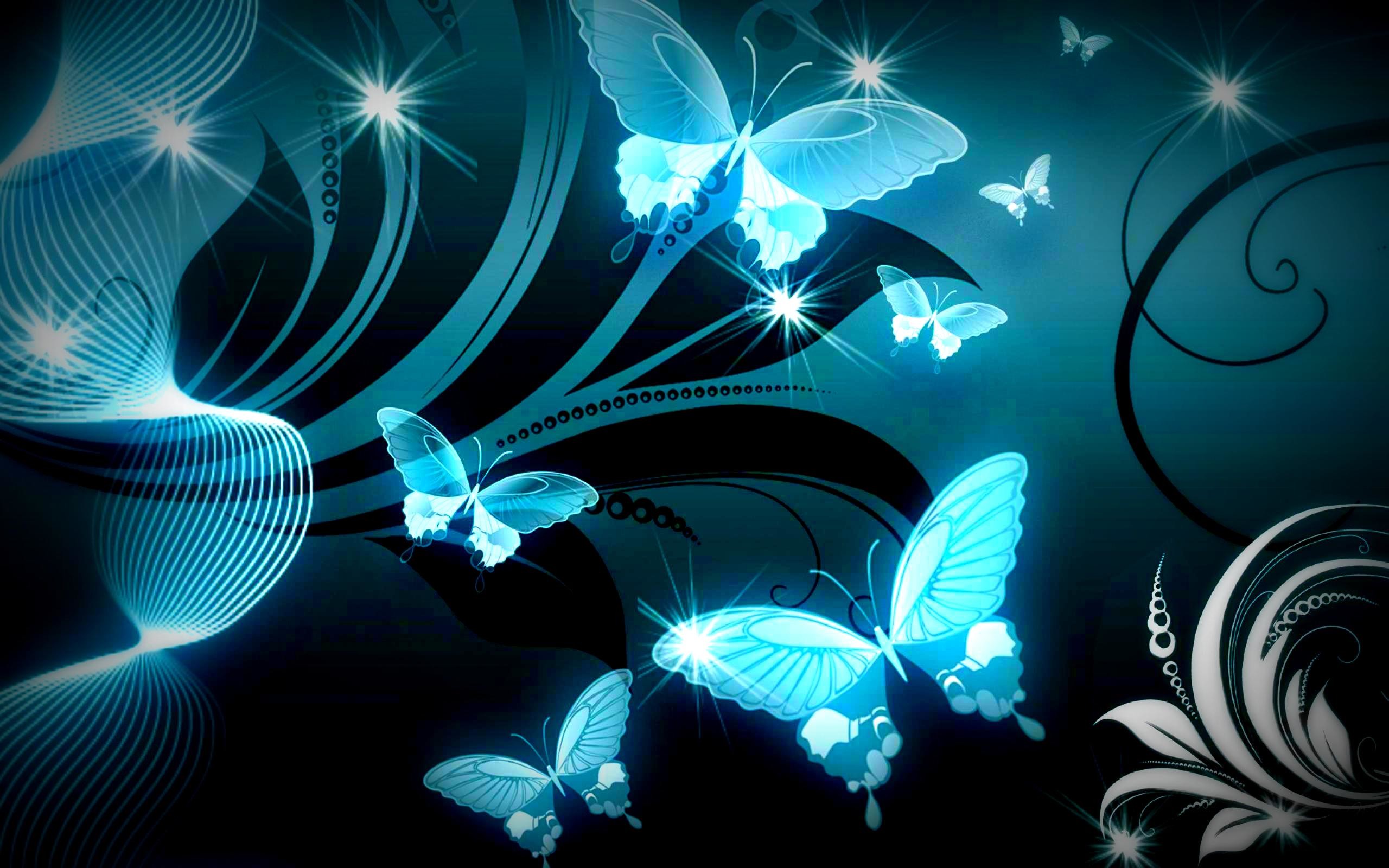 Farfalle luminose, Arte digitale, Turchese, Sfondo nero, 2K, wallpaper per portatile